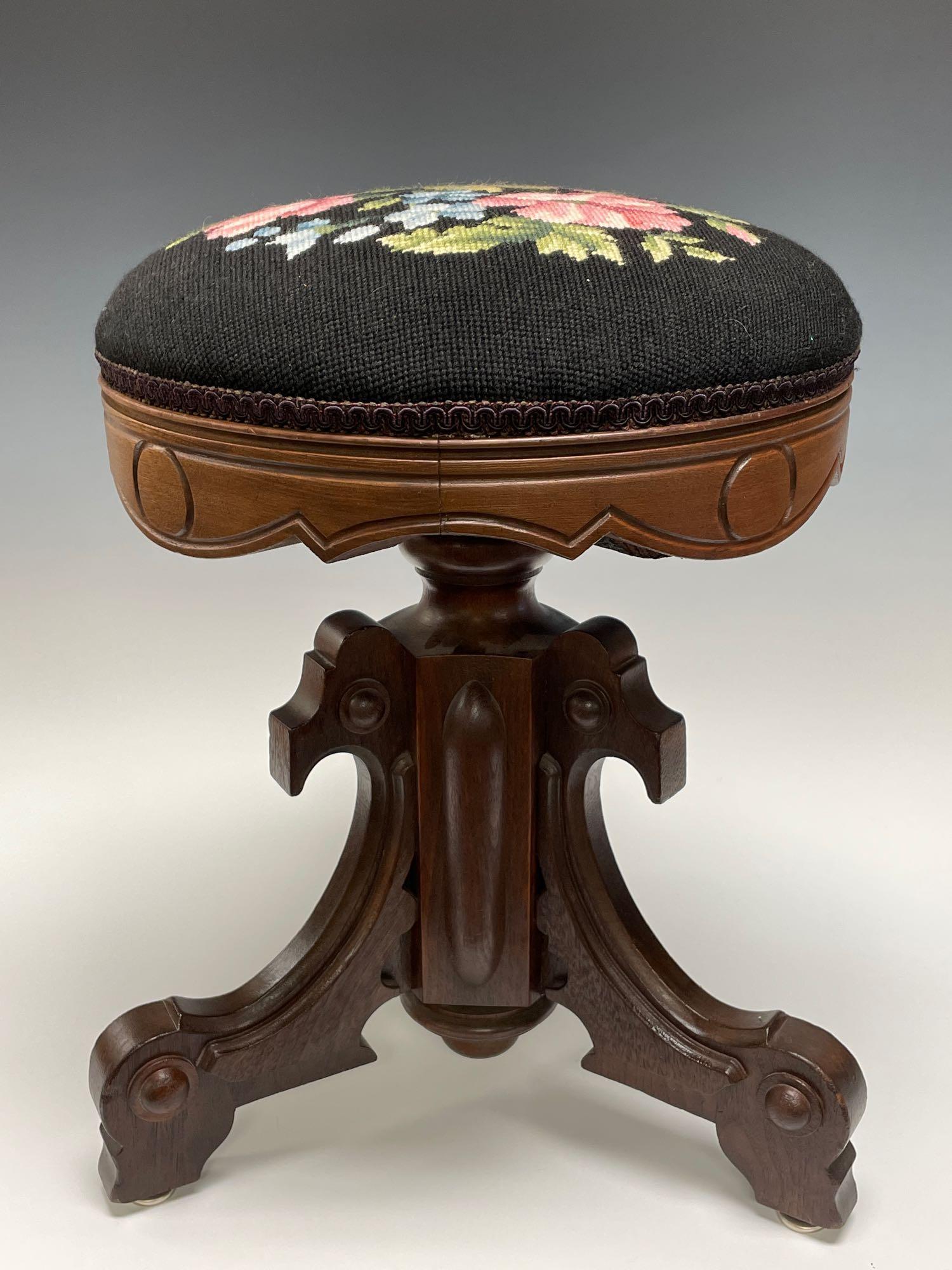 American Carved Walnut Swivel Vanity - Organ Stool (1 of 10)