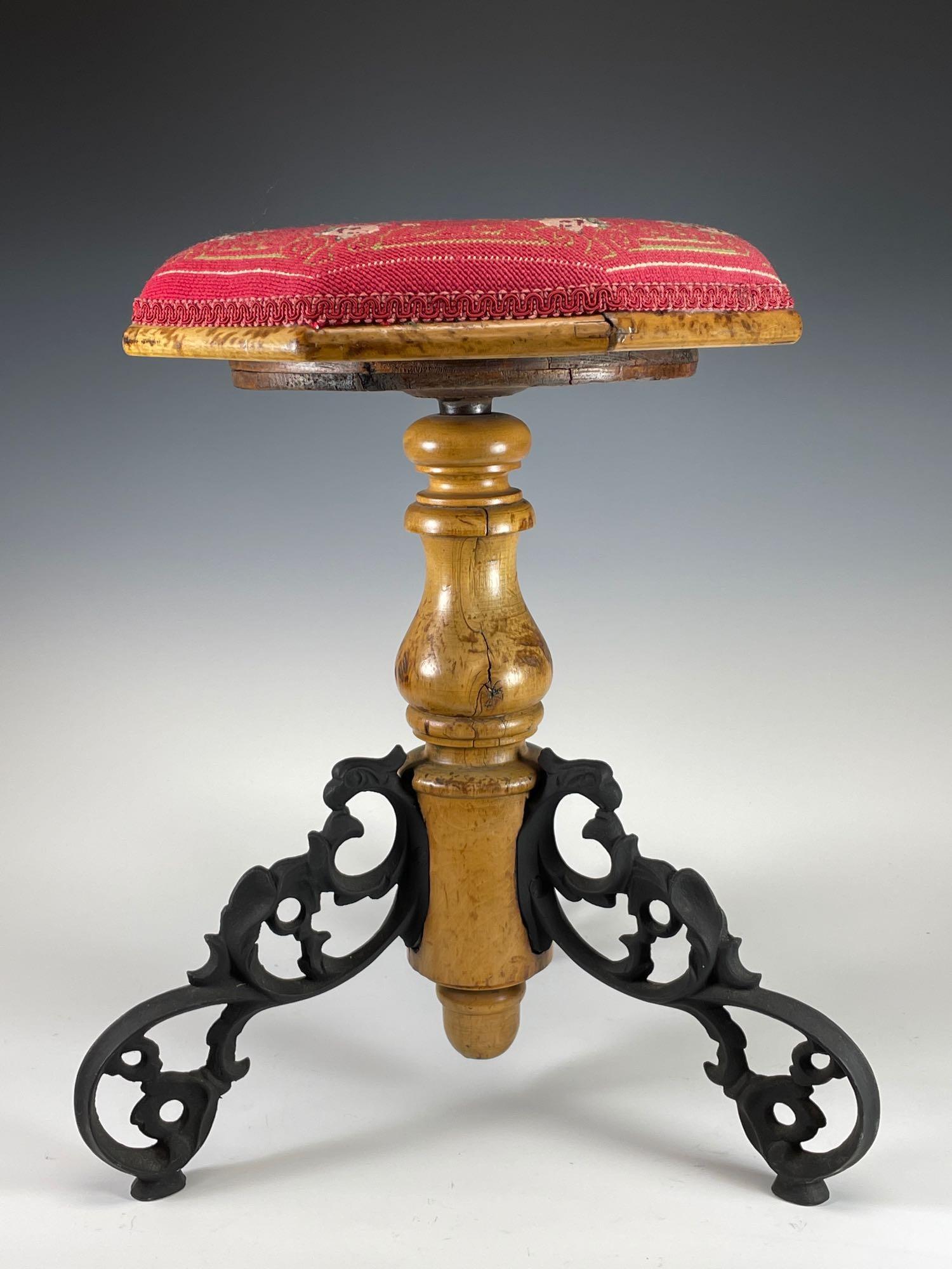 19th c. Swivel Seat Organ Stool with Needle Work (1 of 12)
