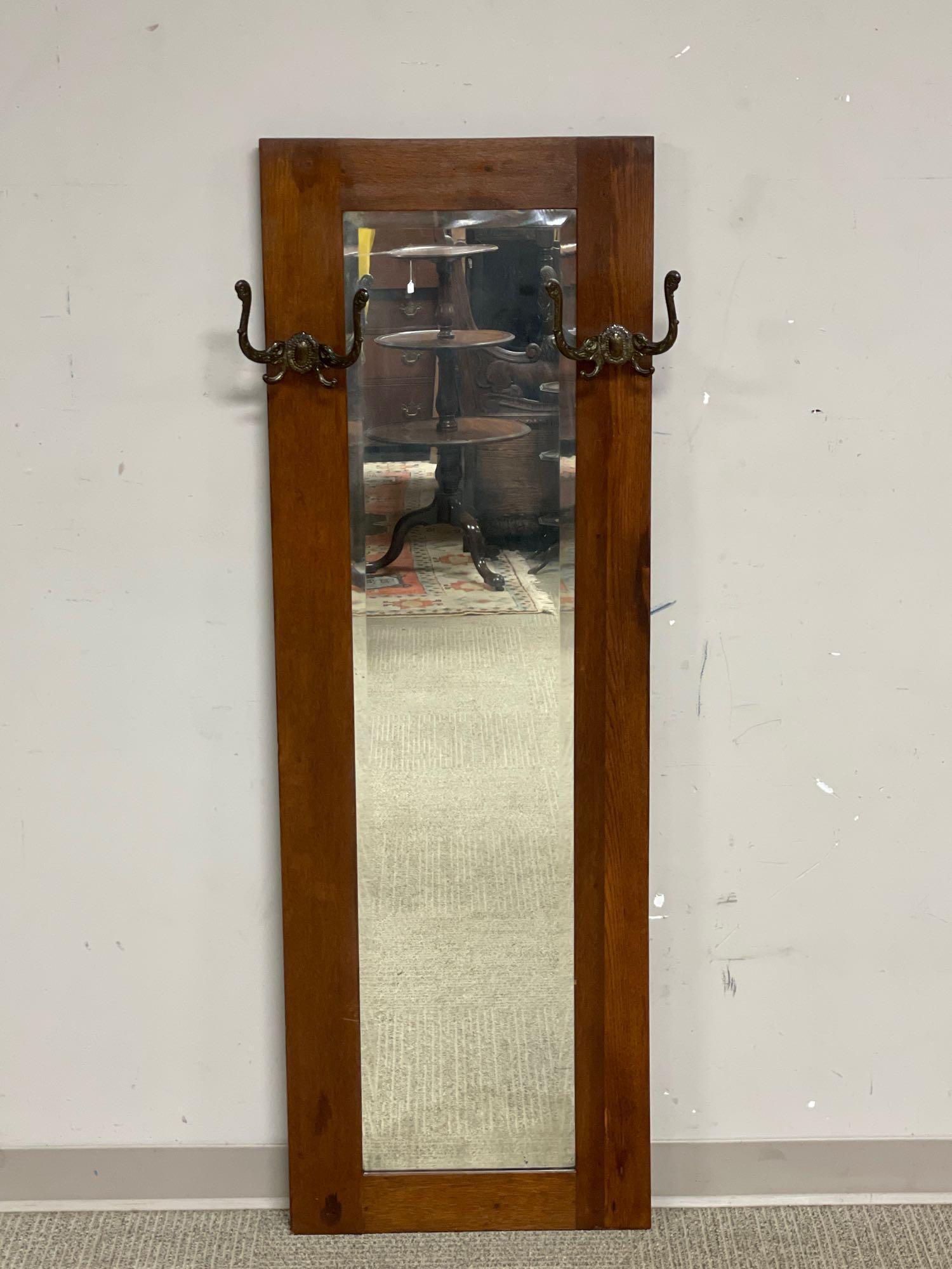 Late 19th Century Oak Tall Mirror w Hat Hooks (1 of 10)