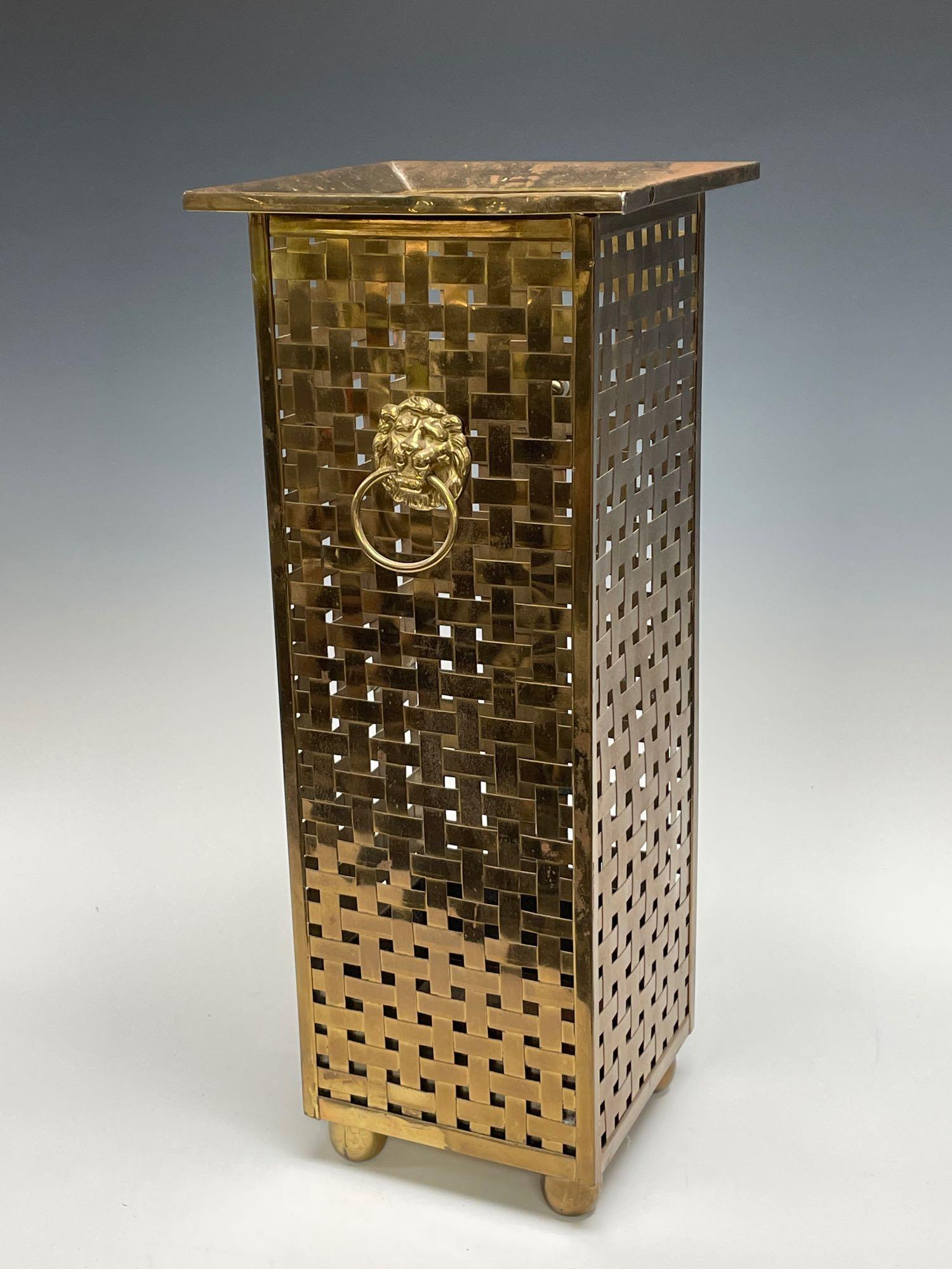 Basket Weave English Brass Umbrella Stand with Lion (1 of 12)