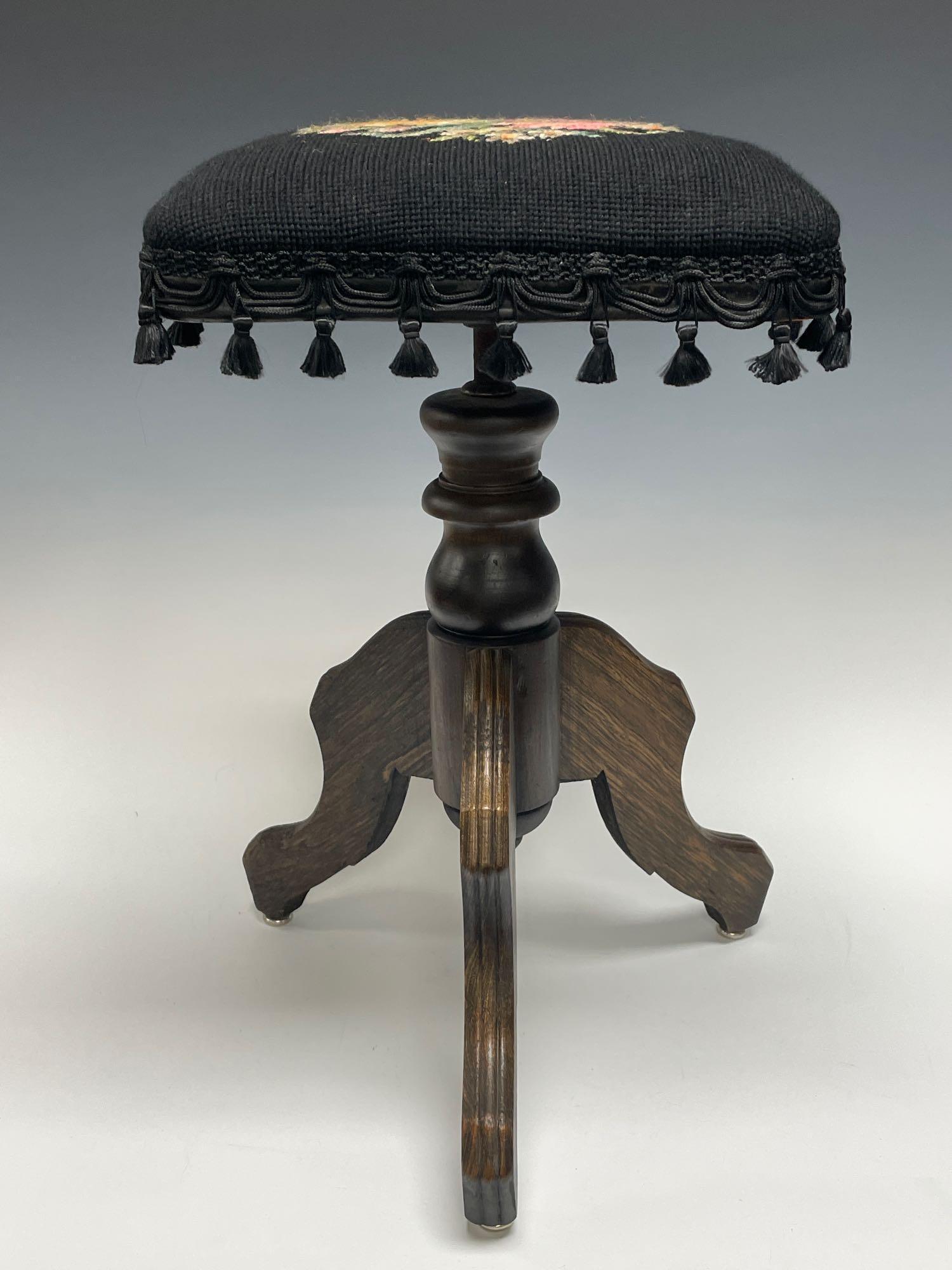 Floral Needlepoint Piano/Organ Stool on Tripod Base (1 of 10)