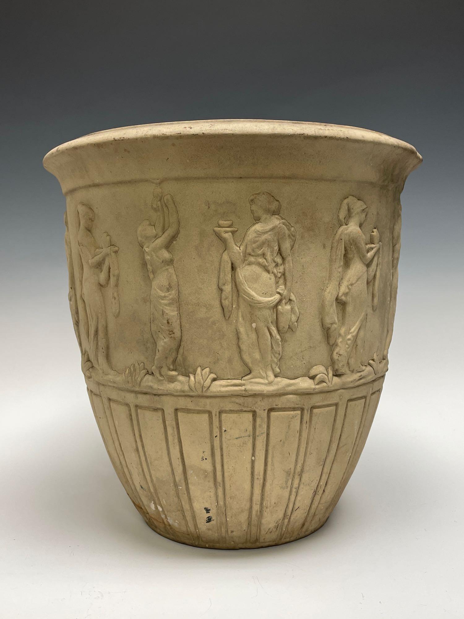 Renaissance Stone Garden Planter with Scenic Border: Antique planter adoring dancing graces and figures of the Renaissance era. Planter measuring approx 16" tall x 16" diameter. Tight stress crack throughout form age and use, see photos. Provenance: Dir
