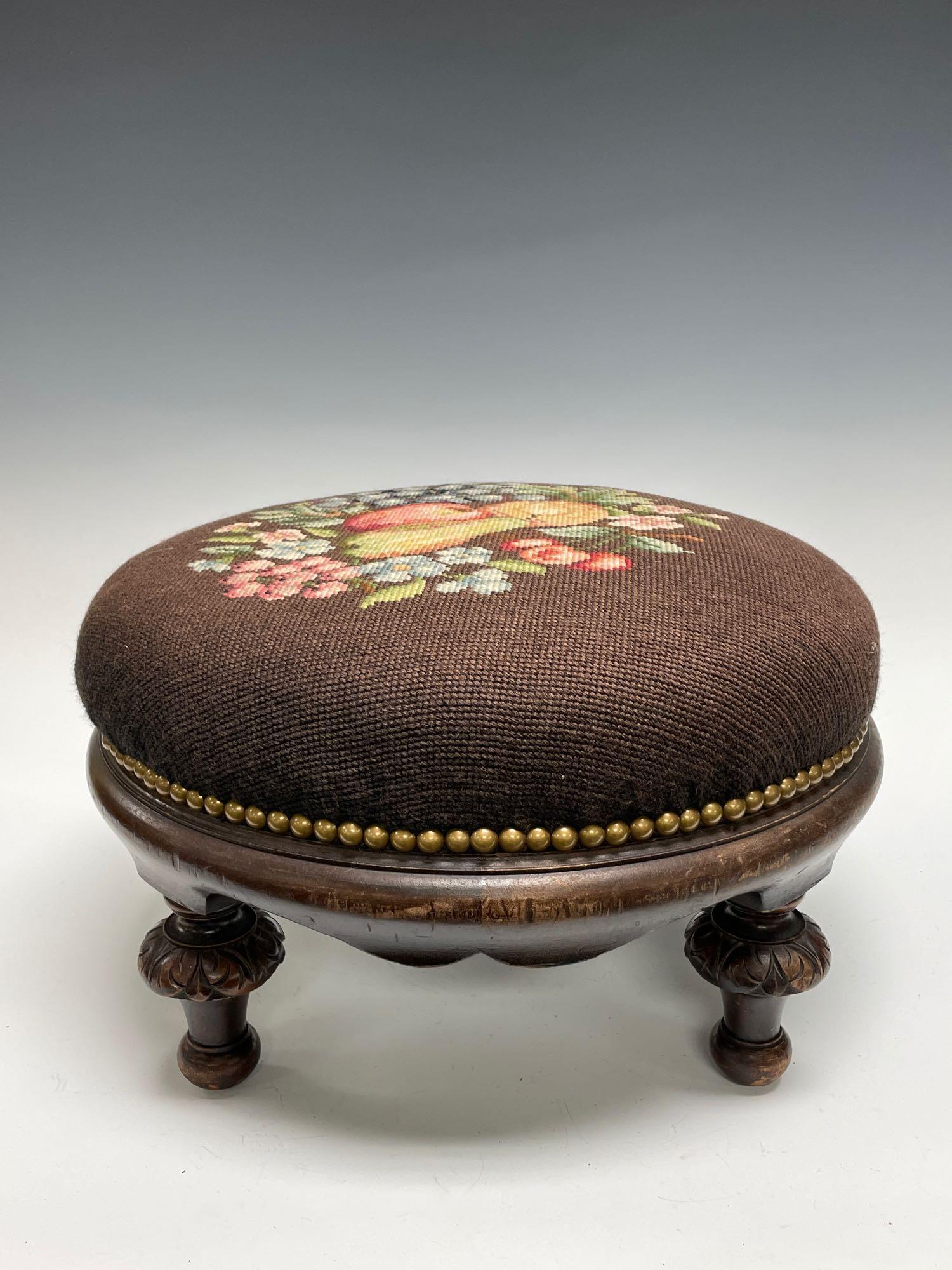 1930's Round Foot Stool w Fruit and Floral Needlepoint (1 of 8)