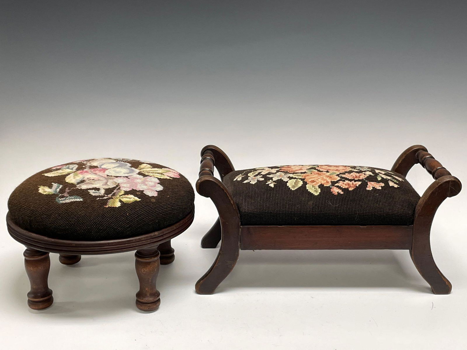 Early American Needlepoint Footstools Brown Base (1 of 13)