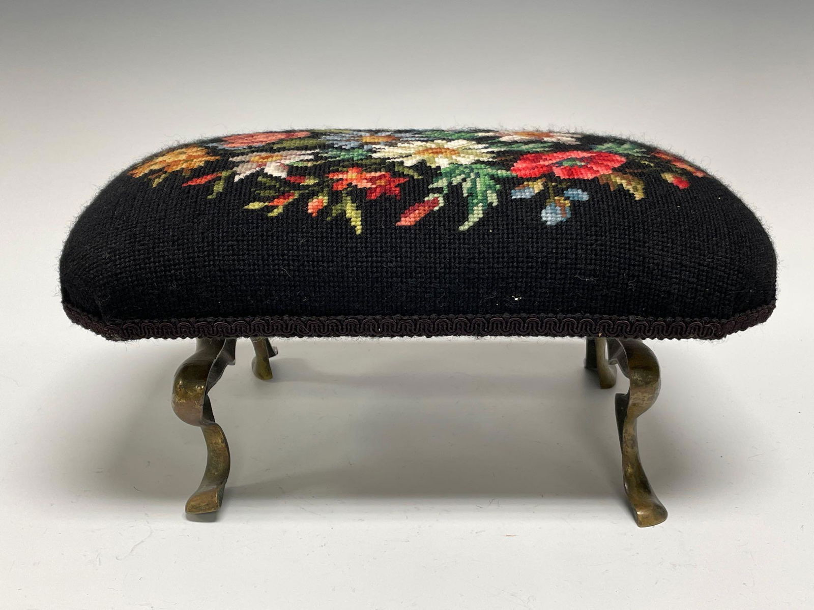 Early Needlepoint Footstool with Solid Brass Frog Legs (1 of 8)