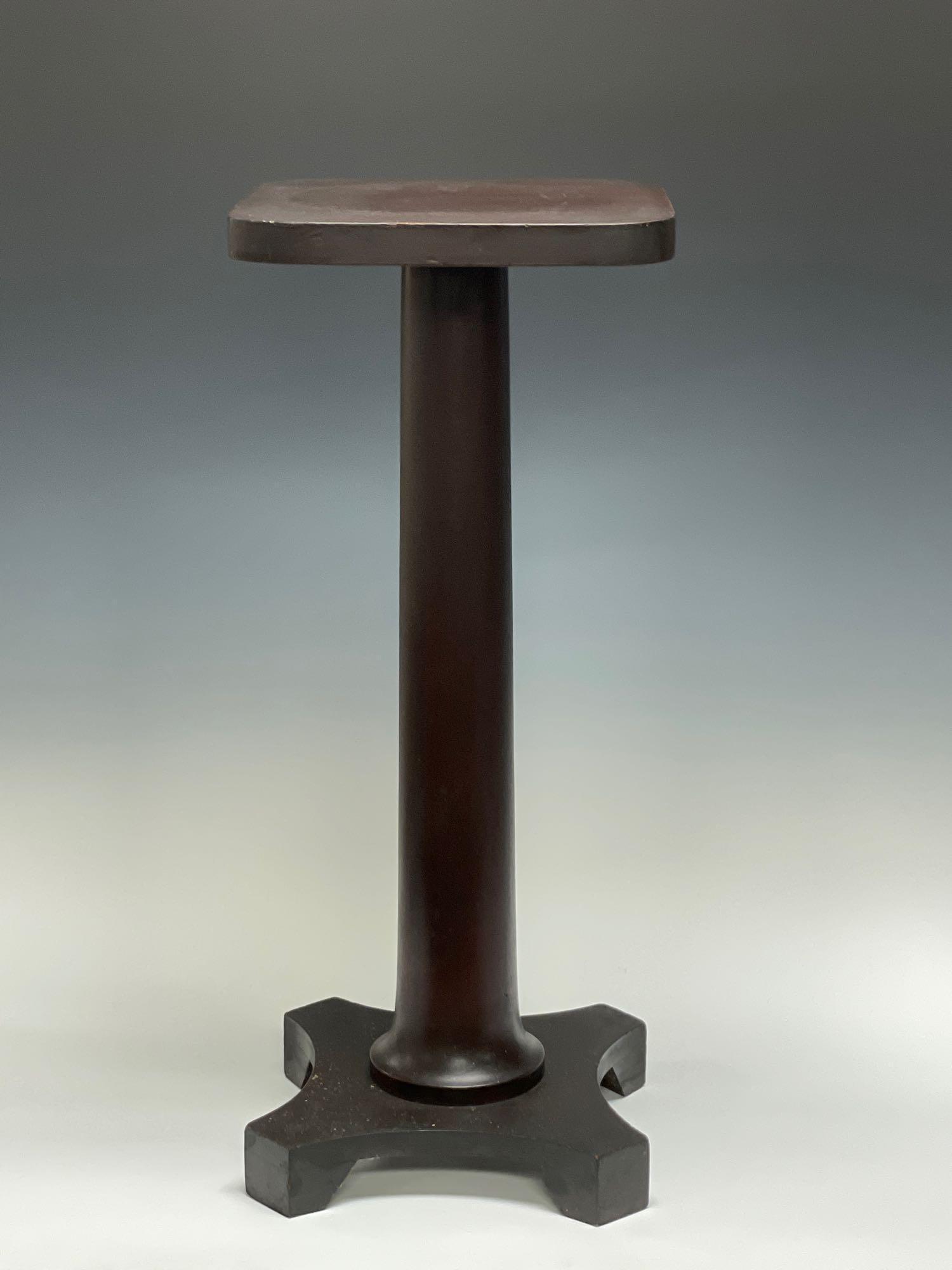 American, 19th Century Mahogany Pedestal - Fern Stand: Measuring approx 30" tall having rounded corner 12.5" x 12.5" top surface cylindrical center column seated on its base as shown. Normal use and wear consistent with age, see photos.