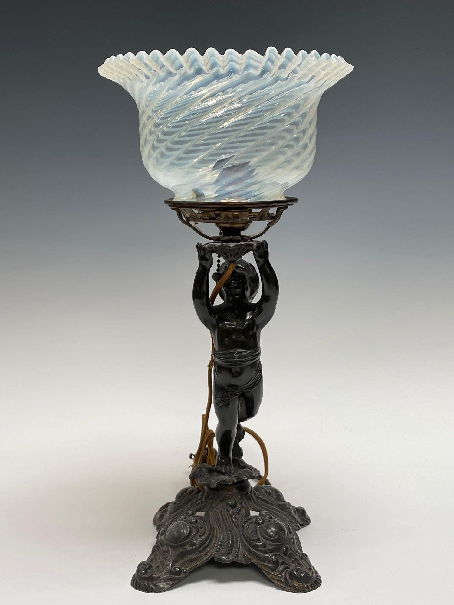 Ornate Cast Metal Cherub Base w Opal Swirl Art Glass (1 of 12)
