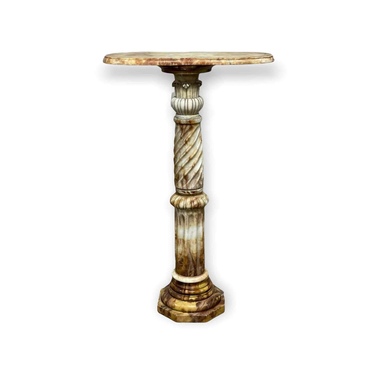 Impressive Carved Alabaster Columned Pedestal: Pedestal standing approx 43.5" tall x 23.5" wide x 10" deep. Removable top. See photos for details as shown.