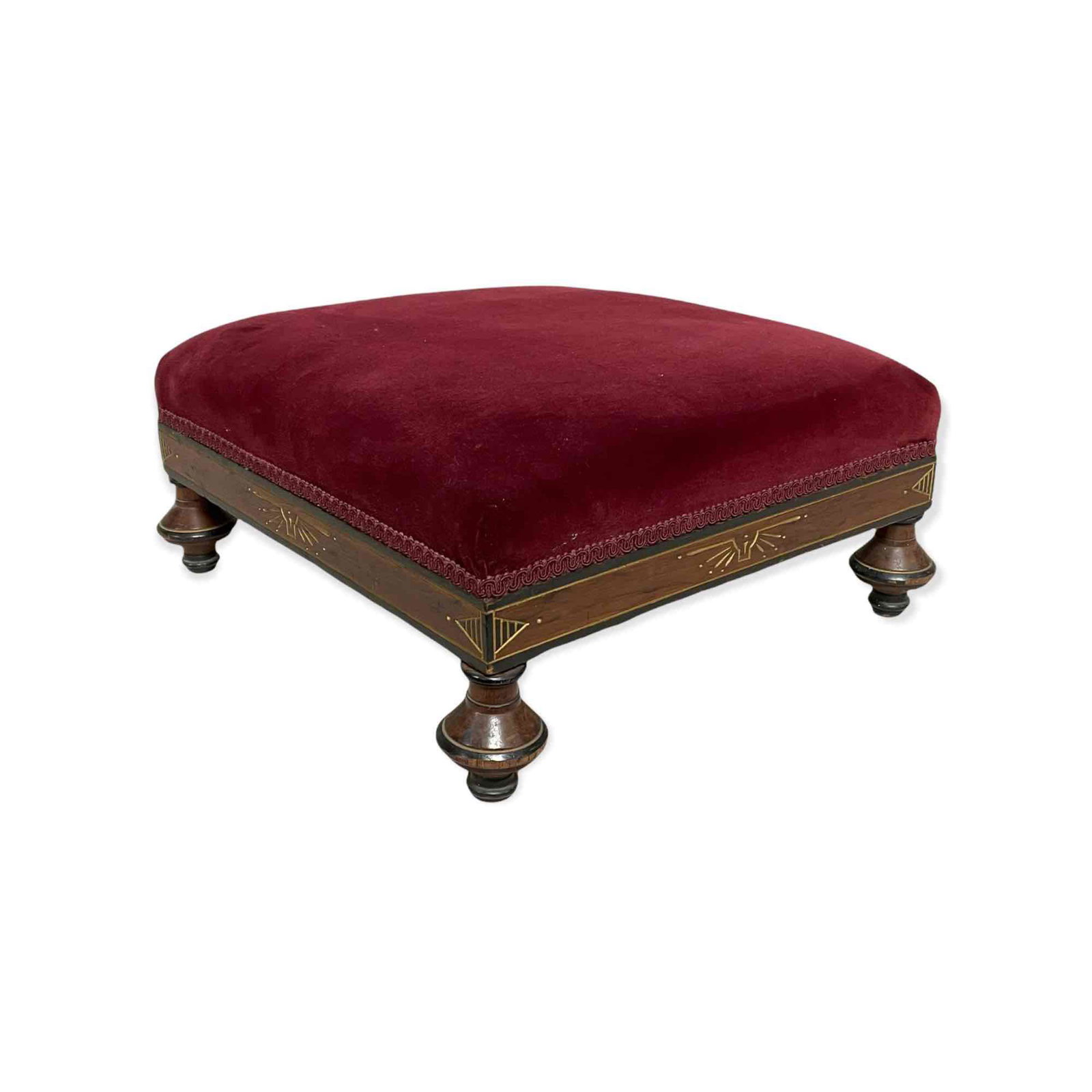 Victorian Renaissance Foot Rest / Ottoman: Victorian Renaissance Foot Rest / Ottoman with gold incised lines and burgundy wine velvet upholstry as shown. Normal use and wear, good overall.