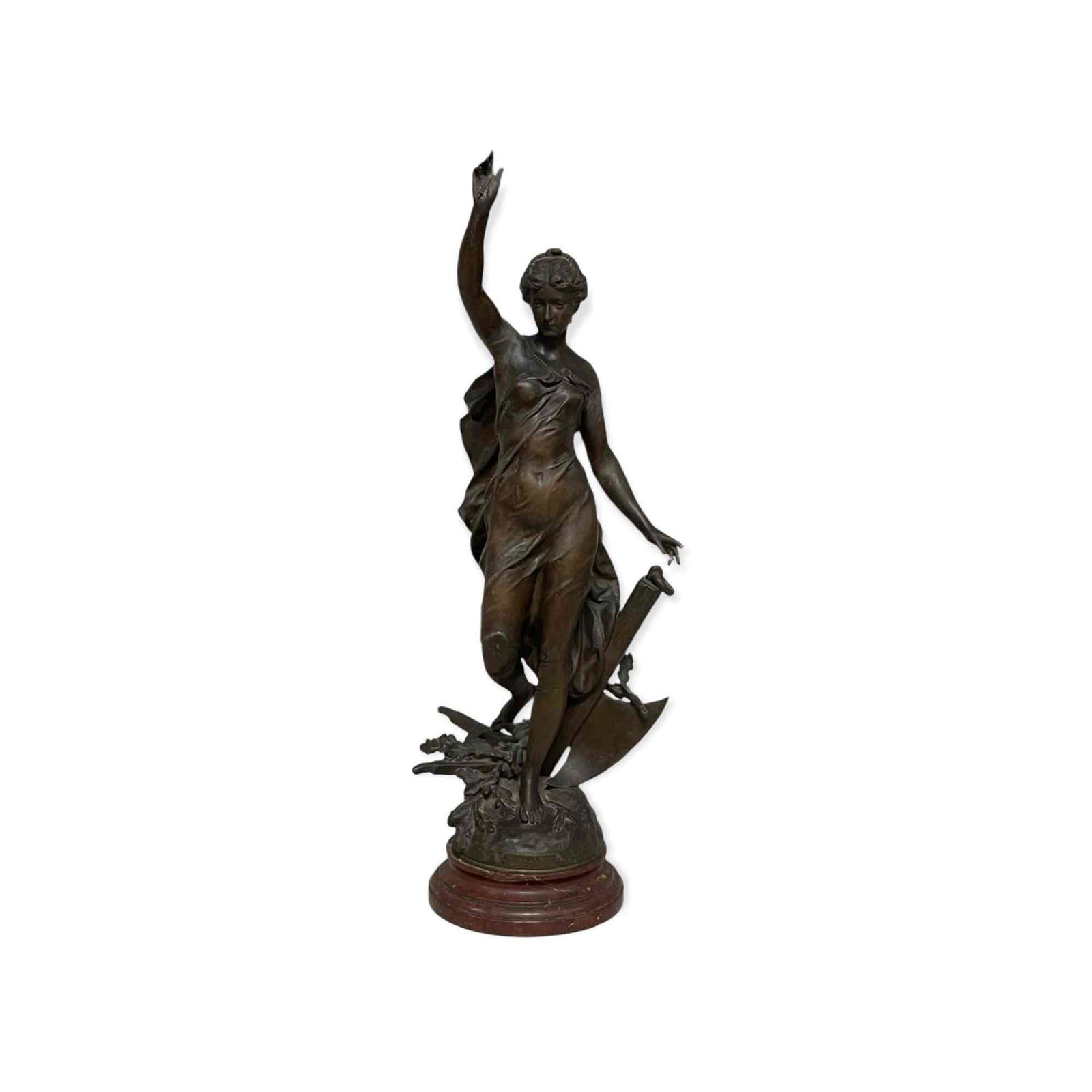 After Charles Levy Paix French Woman Bronzed Metal: Bronzed metal art nouveau woman sculpture seated on pink marble base. Name plate and stamped PAIX CH. LEVY SALON 1898 as shown. Standing approx. 33" tall. Late 19th century. Note restored arms, finger