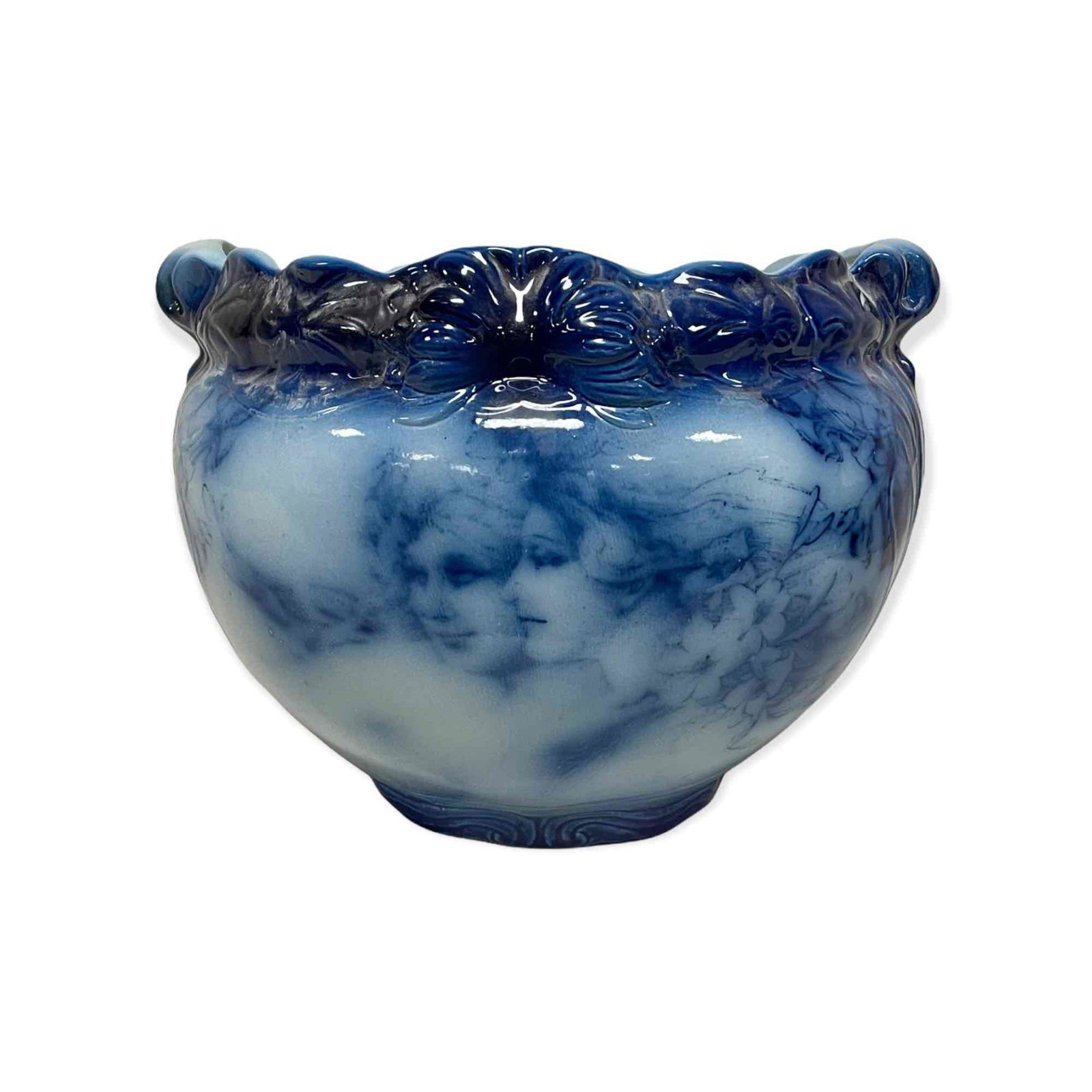 IRONSTONE Flow Blue Jardiniere w Renaissance Influences: Ironstone flow blue Jardiniere with faces as shown. Measuring approx 14" in diameter x 11" tall. See photos for details regarding, as shown. Light dust soil and surface scuffs.