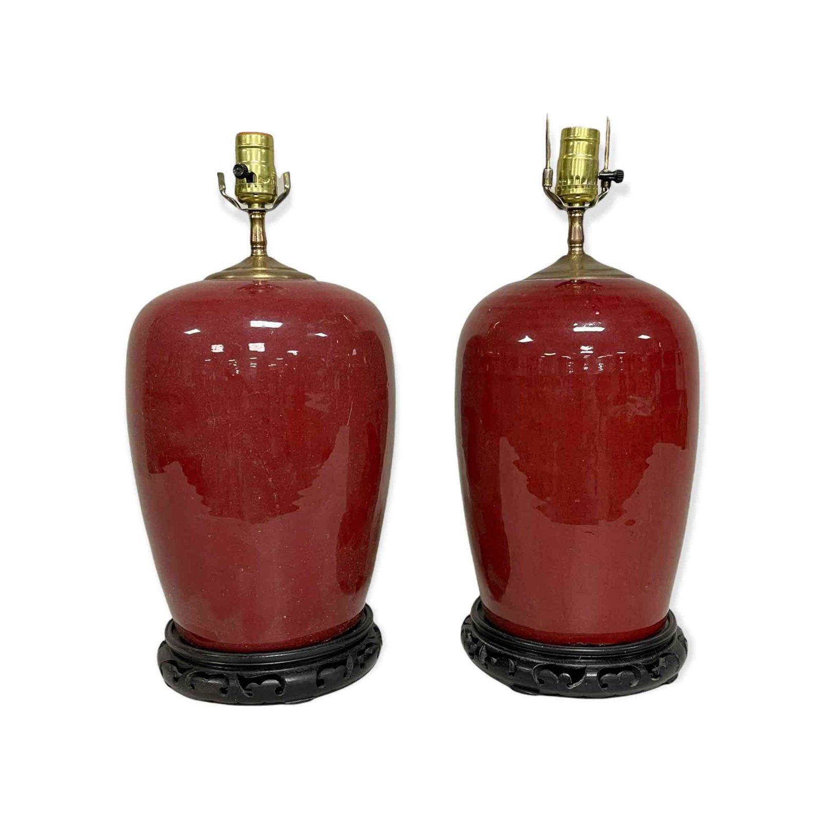 Pair of Chinese Porcelain FLAMBE Lamps on Teak Bases (1 of 20)