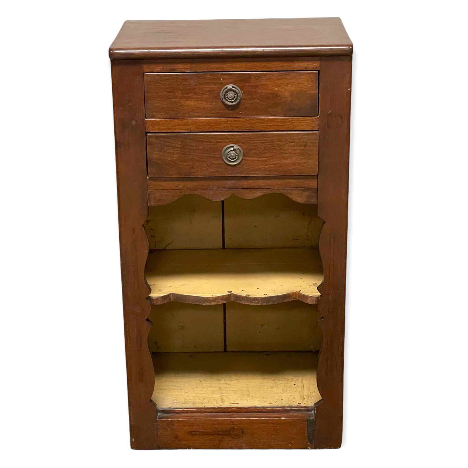 19th Century English or French Cabinet Stand: Two drawers over open bottom shelf French cabinet. Approx. 34" tall by 18" wide and 12.5" deep. Age appropriate with scuffs and wear as shown, see photos.