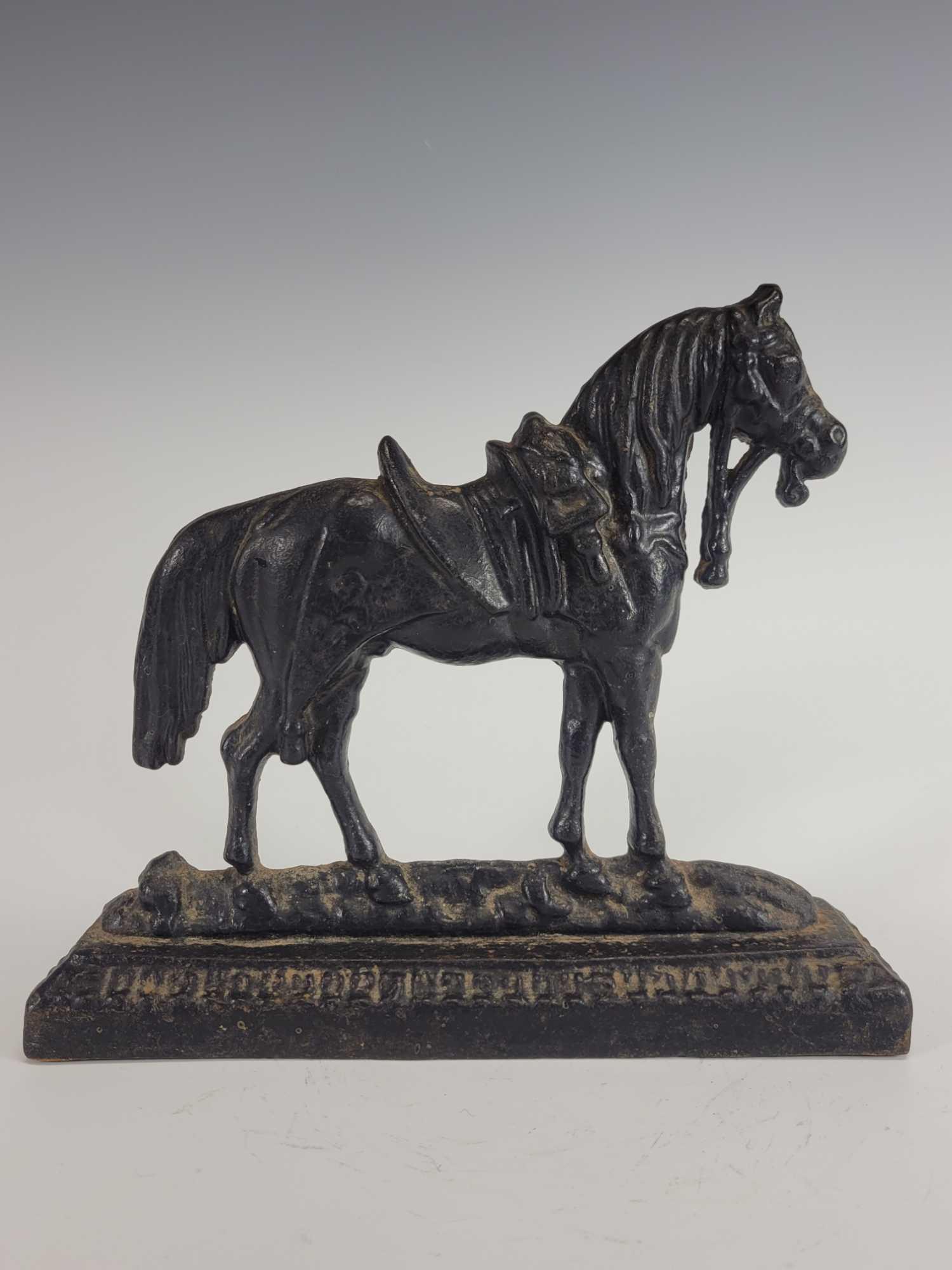 Antique Cast Iron Horse Door Stop: Cold painted antique cast iron horse door stop. Measuring approx. 7.75" tall x 9" wide. In good age appropriate condition with signs of age, see photos.