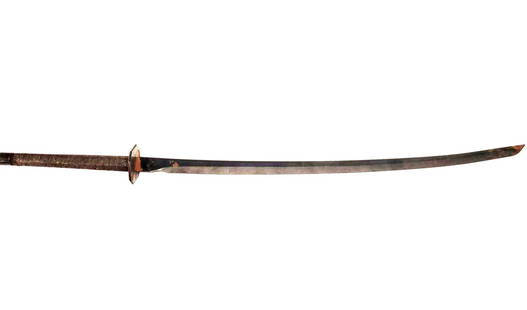 Samurai Sword 40.5" Long: Gray steel long blade samurai sword with braided wrapped handle. Measuring 40.5" long overall with 9.5" handle. There are some areas of surface rust which appears could be buffed out, see photos.