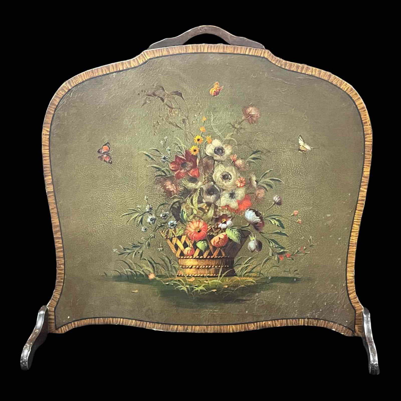 Antique Hand Painted Leather Fireplace Screen (1 of 15)