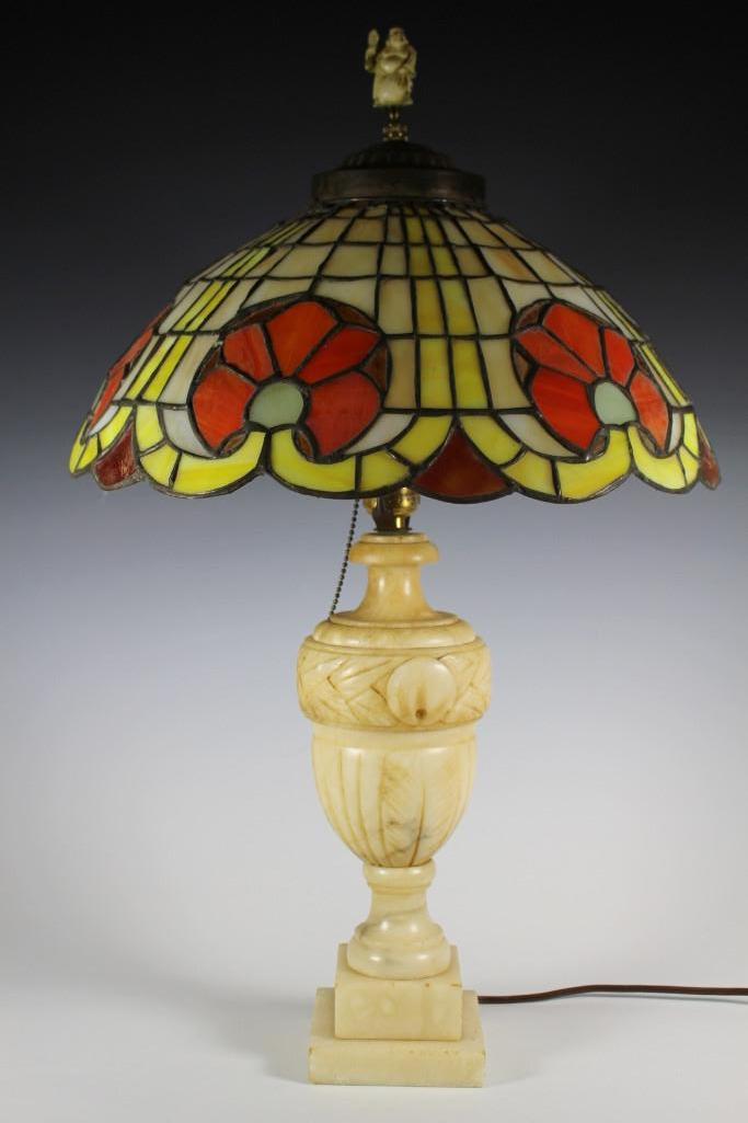 Art Deco Carved Alabaster Leaded Glass Lamp (1 of 1)