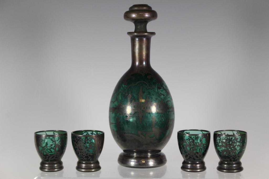 Sterling Silver Overlay Green Decanter Set (1 of 11)