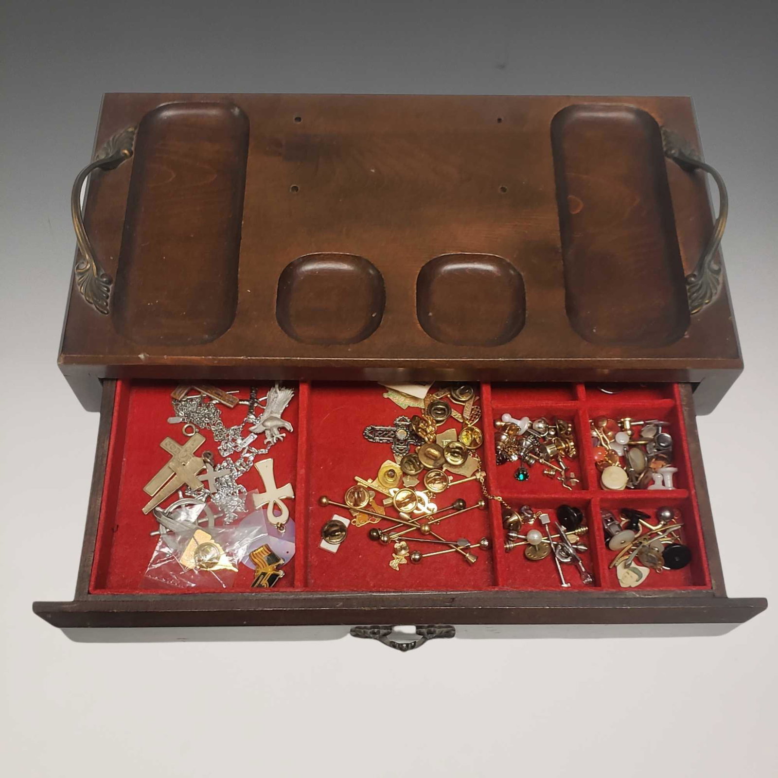 Jewelry Box with Pins, Pendants and Cuff Links: Vintage one drawer jewelry box with some sterling, necklaces, pendants, pins, crosses, earrings and cuff links. In good condition, see photos.