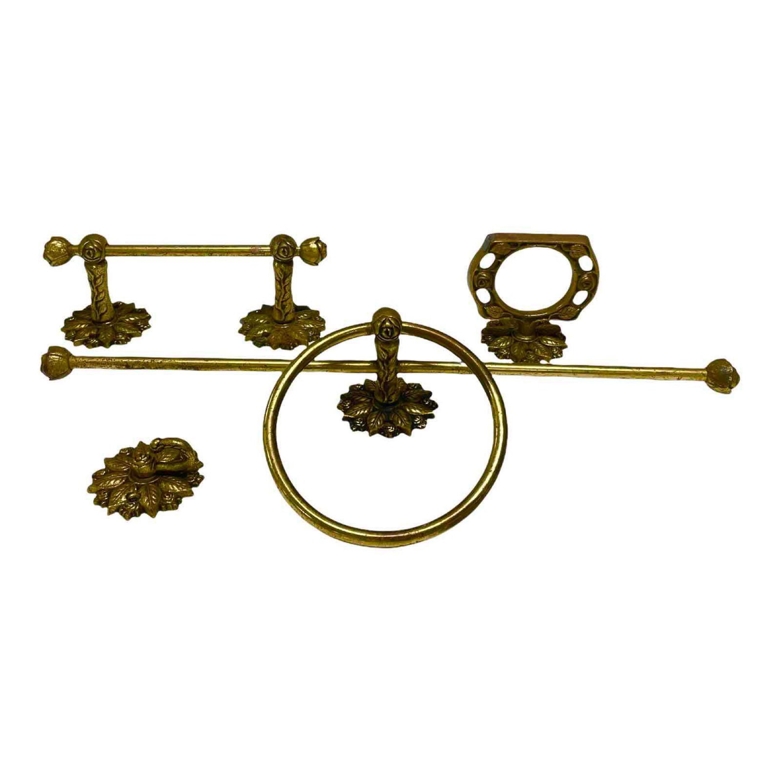 Brass Four (4) Piece Powder Room Set: Includes towel bar, toilet paper holder, wall mount tooth brush holder and a small hooked wall mount hand rag holder as shown. See photos for details. Dust soil and signs of use as shown
