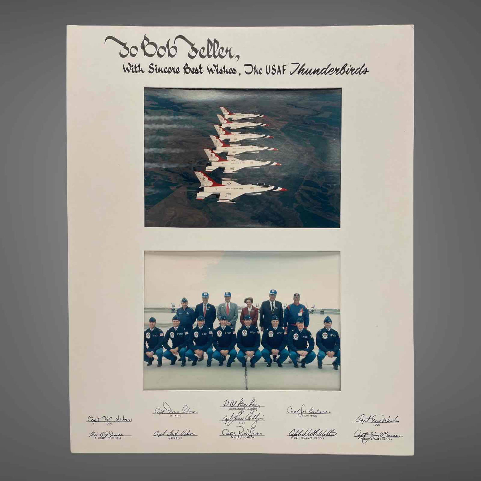 USAF THUNDER-BIRDS PHOTO DISPLAY TO BOB FELLER ca.: In the 1980's Bob visited the Thunderbirds and as a thank you to him the presented him with this incredible photos display personalized on to to him and signed by the Aviation pilots and crew as shown