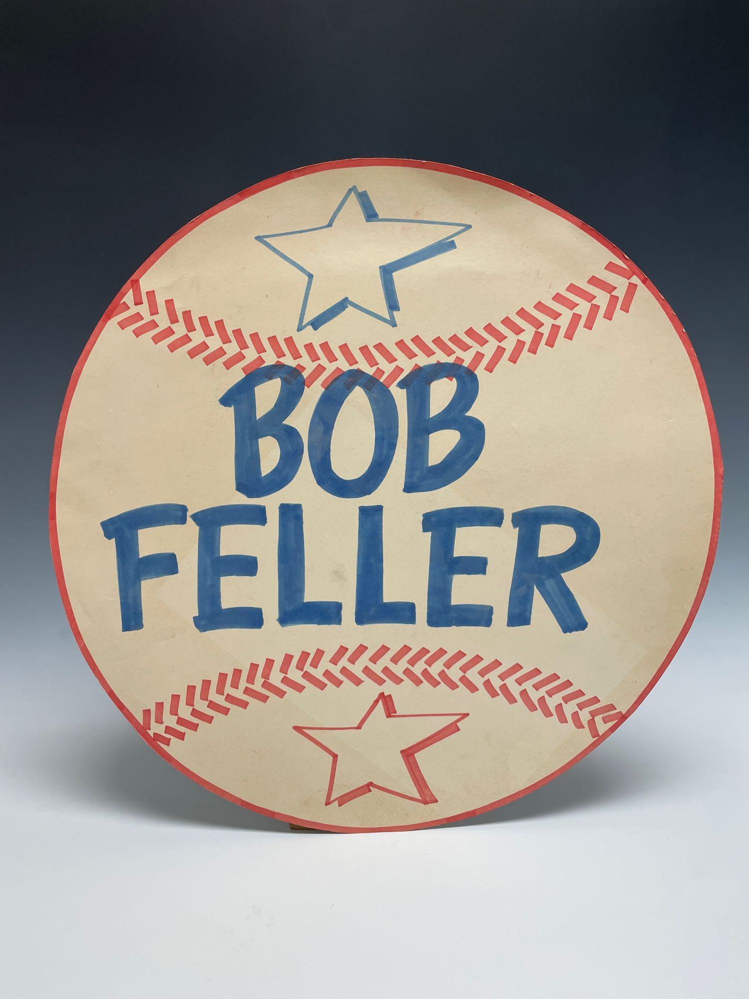 GIANT BOB FELLER BASEBALL SIGN: Collect a larger than life figure such as Feller? What better than a larger than life sign in the shape of a baseball! Approx 22" round thick stock sign must have made for an event or golf outing Very
