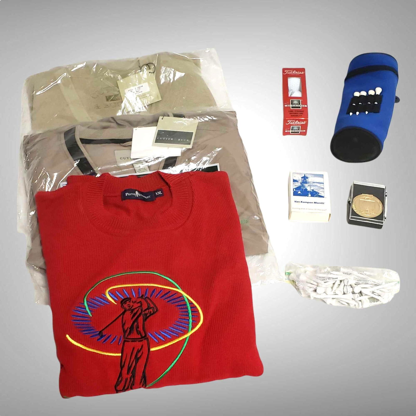 PAYNE STEWART SWEATER AND OTHER GOLF RELATED FELLER: Includes a XXL red knit sweater by Payne Stewart, golf tees and other golf related as shown, see photos as shown. Direct Provenance from the Resident Estate of Bob and Anne Feller, Gates Mills, Ohio.