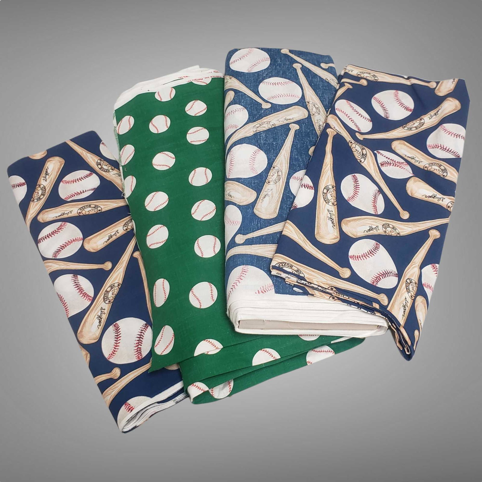 (3) BASEBALL - AMERICAS PASTIME FABRIC / TEXTILE: Group of baseball theme fabric having baseball bats and balls full pattern. Great group from the Feller to be used in your kids or sports rec room, make pillows curtains etc all while knowing it came 