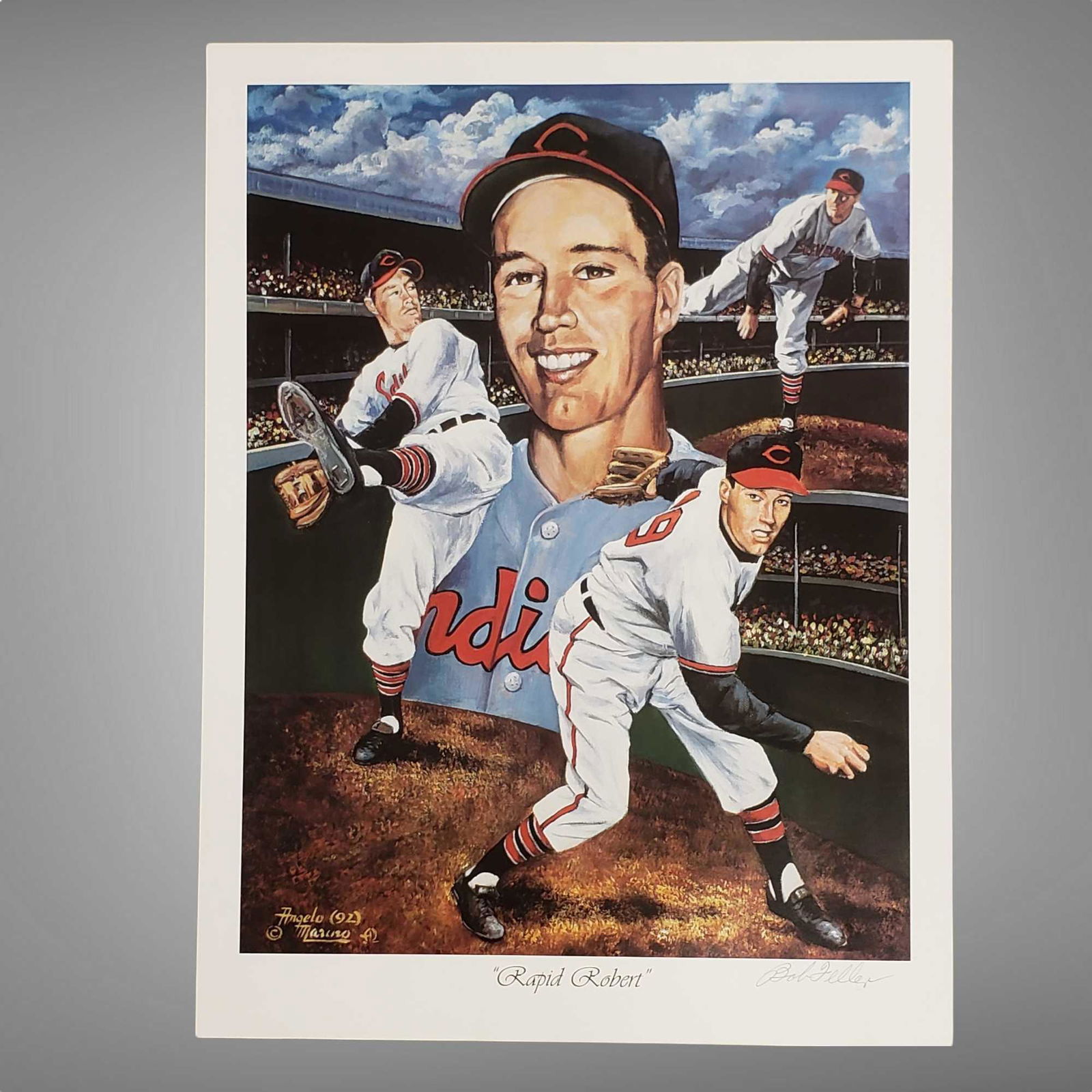 1992 ANGELO MARINO BOB FELLER LITHOGRAPH AUTOGRAPHED: 18x24 lithograph of "Rapid Robert" depicts various parts of Bob's pitching motion. Very vivid colors. Bob did sign in pencil. Comes from the residence of Bob and Anne Feller.