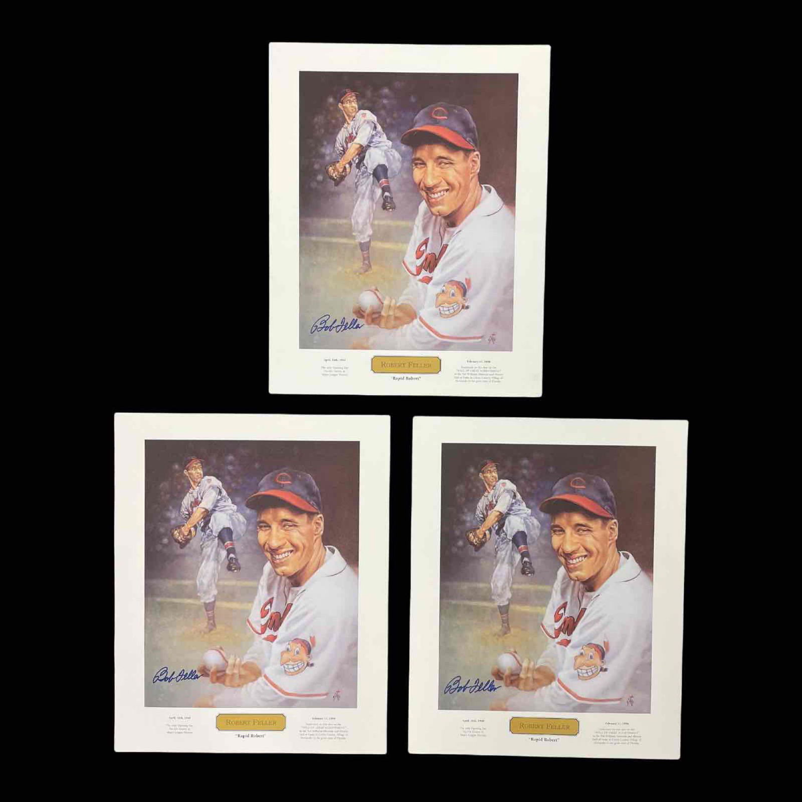 3 AUTOGRAPHED BOB FELLER LITHOGRAPHS: (3) - 16x20 lithographs by Bruce Stark from 1998. Sought after piece because it was very well done and it attractive. All three are signed in blue marker by Bob. Some signs of handling on edges and co