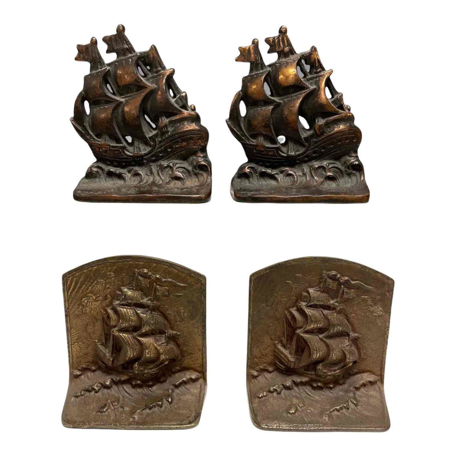 (2) SETS OF ANTIQUE SCHOONER SHIP BRONZE BOOKENDS (1 of 20)