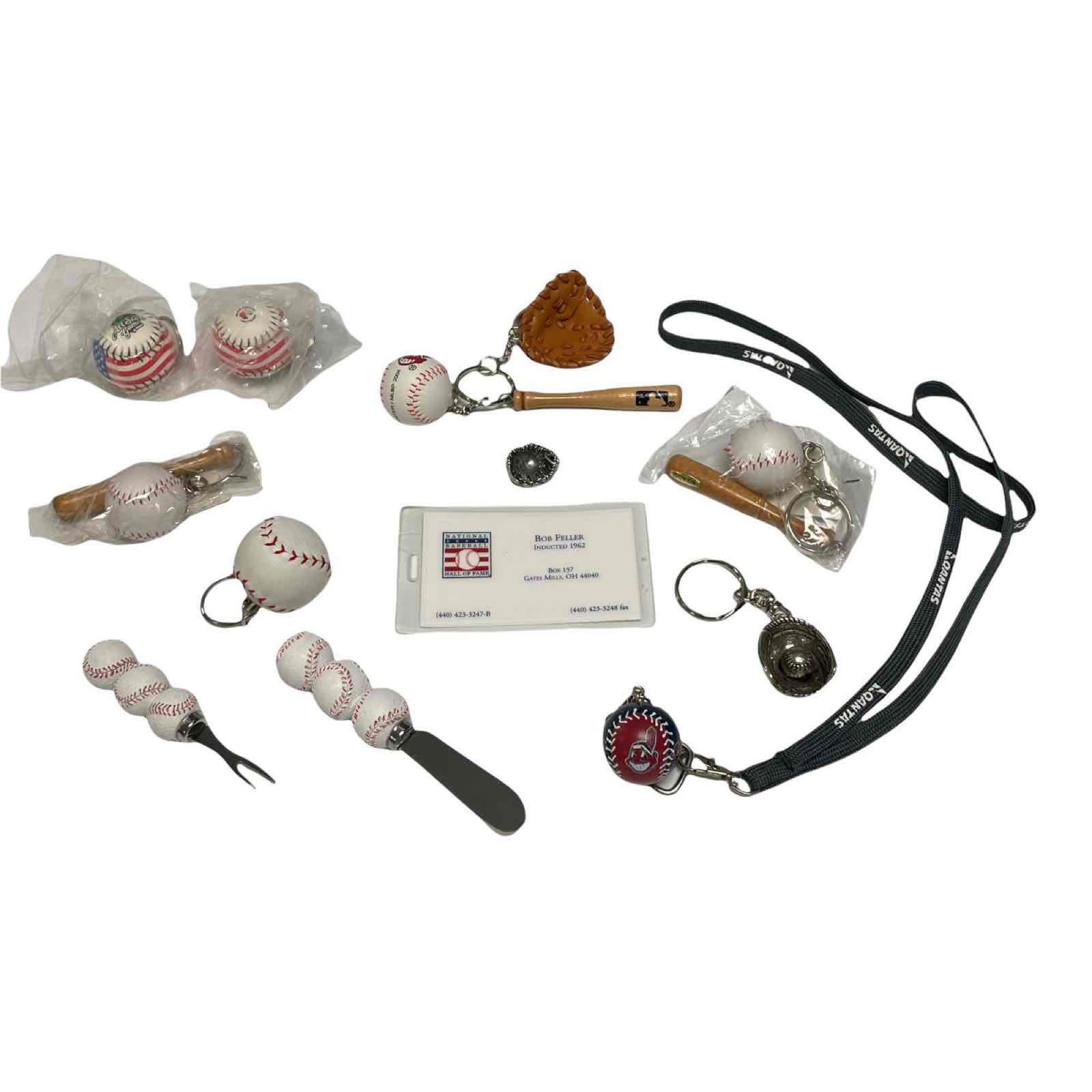 ASSORTED BASEBALL SOUVENIRS and GIVEAWAYS: Keychains and miscellaneous baseball and Indians related group from one of Fellers catch all drawers. See photos for details. Direct Provenance from the Resident Estate of Bob and Anne Feller, Gates M