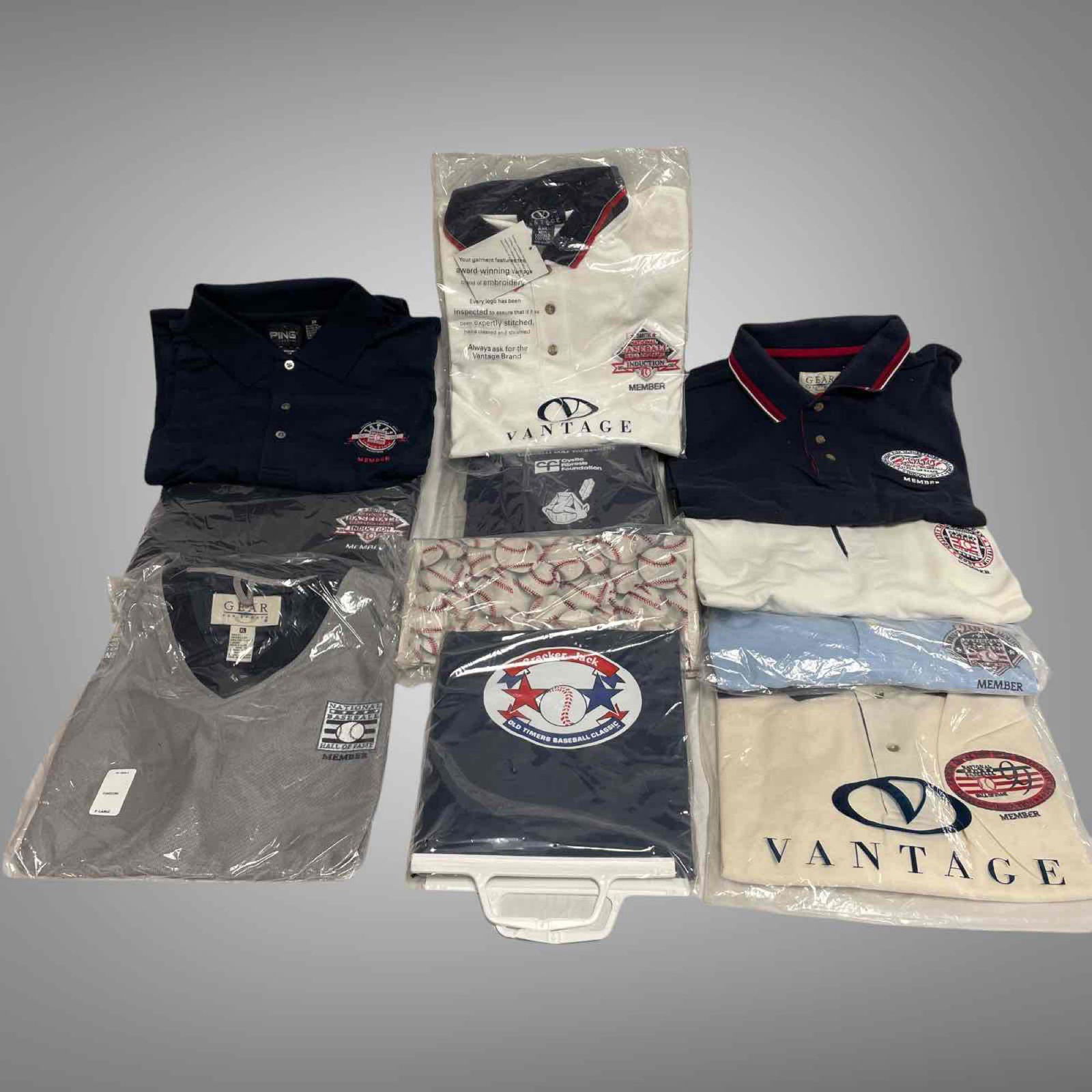 NATIONAL BASEBALL HALL OF FAME MEMBER POLOS: Collection of Bob's National Hall of Fame polos, wind breaker, bags and jacket from the early 2000's. Most appear to have never been worn and in original plastic sleeves, see photos. Group of 8 hardba
