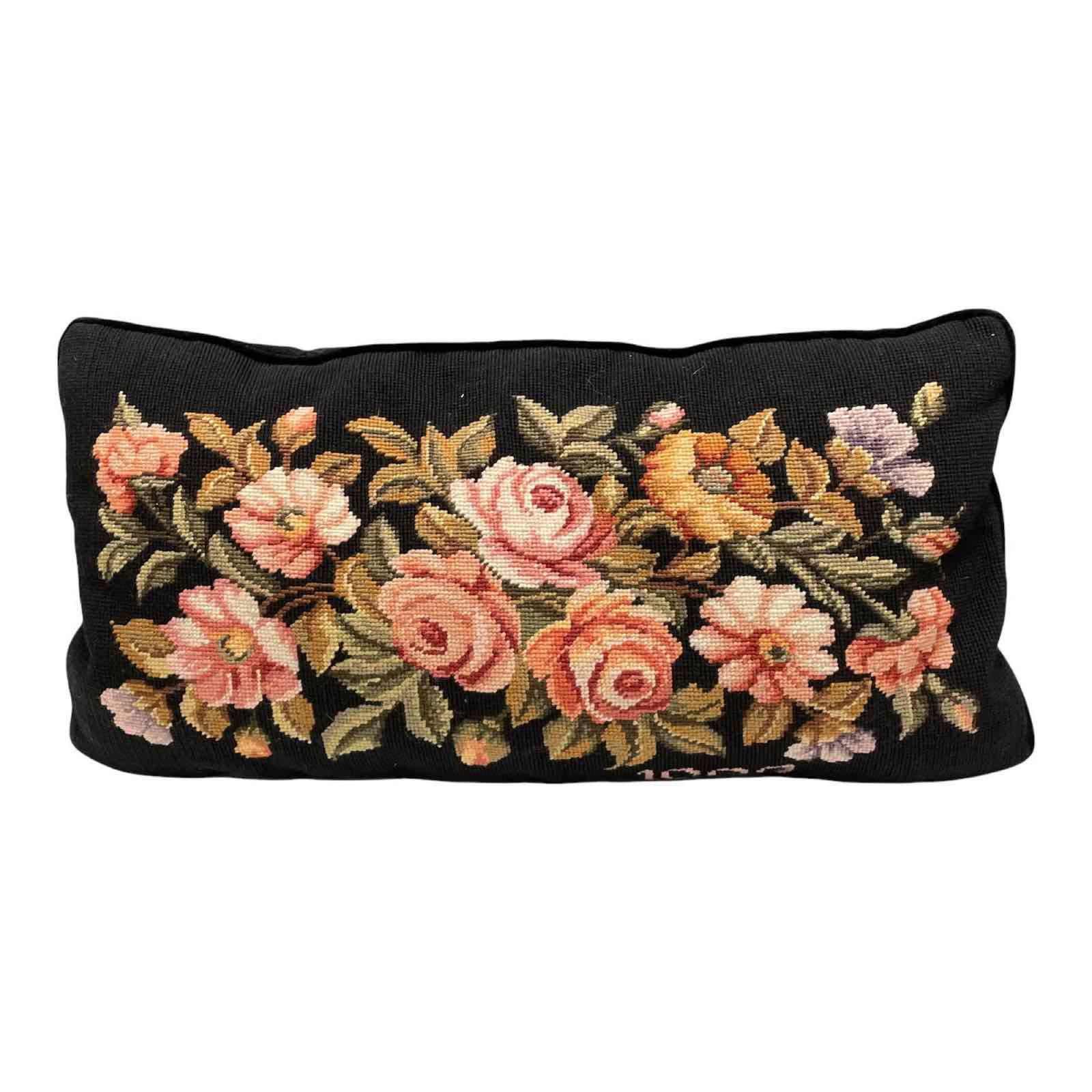 Needlepoint Rectangular Black Floral Pillow (1 of 15)