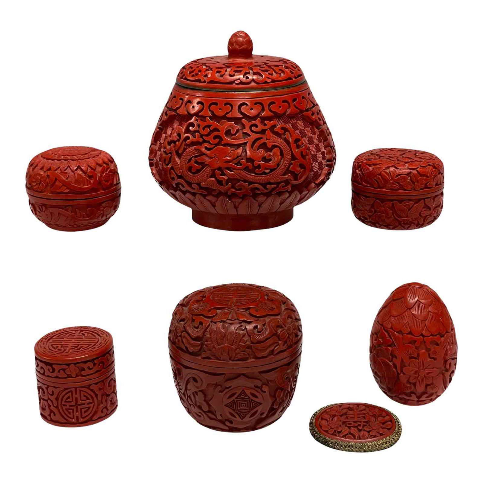 (6) Chinese Red Cinnabar Lidded Boxes and Brooch Pin (1 of 20)