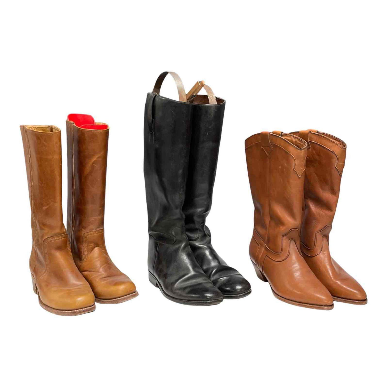 Three Pair of Horse Riding and Cowboy Boots (3): Includes; H&H tan riding boots, tan pointed cowboy boots and black knee high riding boots. They all appear to be size 7.5 women's we believe. In good pre-owned condition with signs of use, see photos.