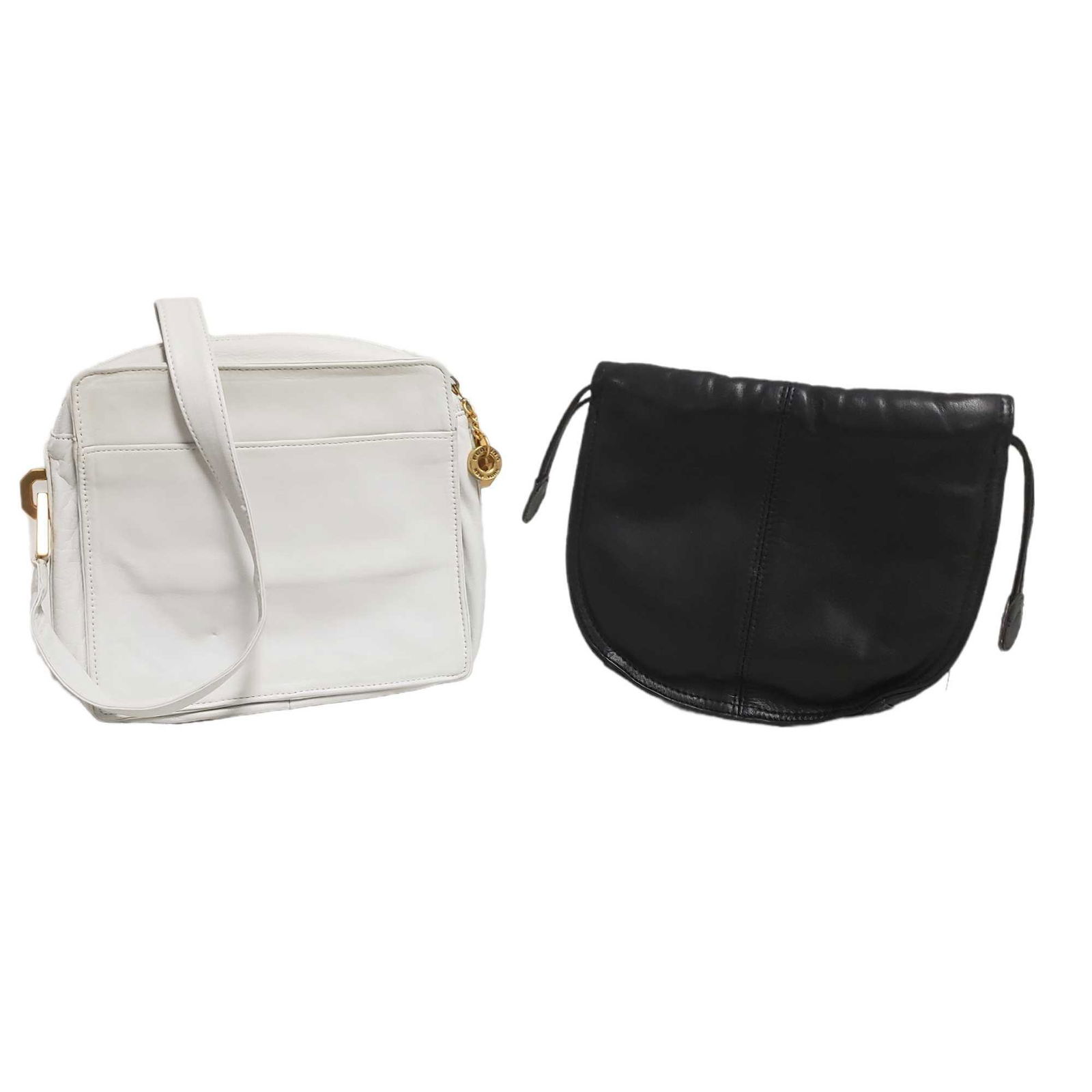 Perlina and Unisa White and Black Leather Purse's: Black leather drawstring unisa shoulder strap purse. Very nice white leather Perlina New York purse with gold hardware and white leather strap. Interior and exterior pockets. Minimal signs of use like
