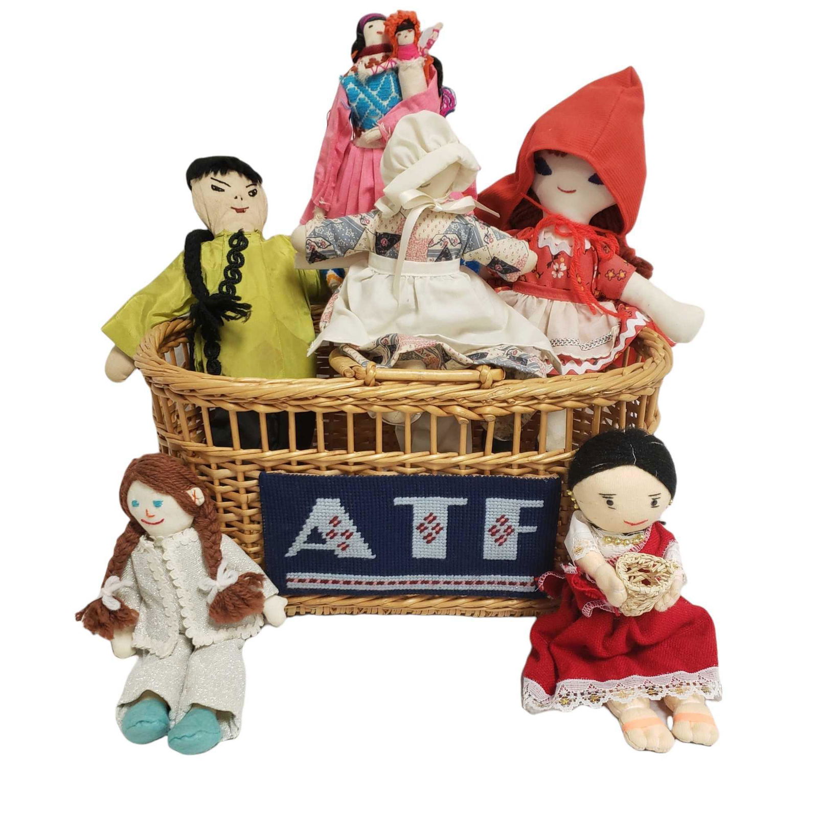 Group of Vintage Cloth Body Dolls in ATF Basket (1 of 8)