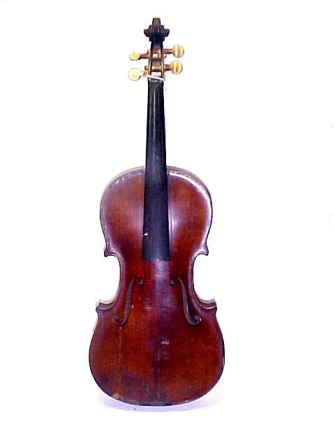 Friedrich August Glass Labeled Violin Copy Of: Stradivarius, in case. Medium to darker brown color and two piece tiger maple back. Condition two cracks on top, repair at neck button on back, appropriate wear for age. L.O.B.14''. Information and co