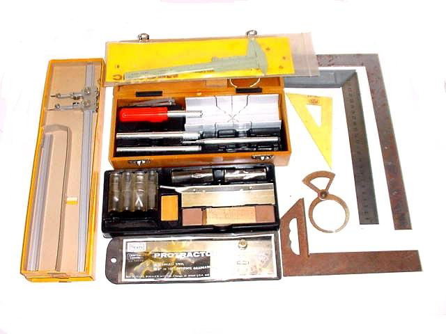 Collection Of Good Measuring Tools, Calipers, : rules and small tool box etc.