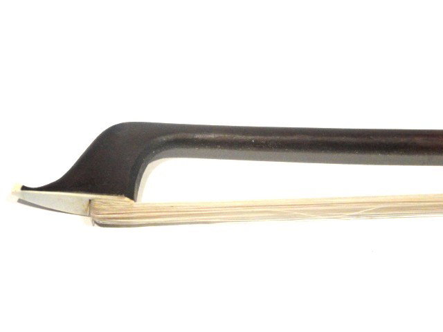German Violin Bow Ca.1920s Nickel Silver Mounts: ebony frog with a pearl eye, full size. Condition good, used. Information and condition provided from Frank Merincek's inventory book. Bid accordingly as if you inspected piece or send Representative.
