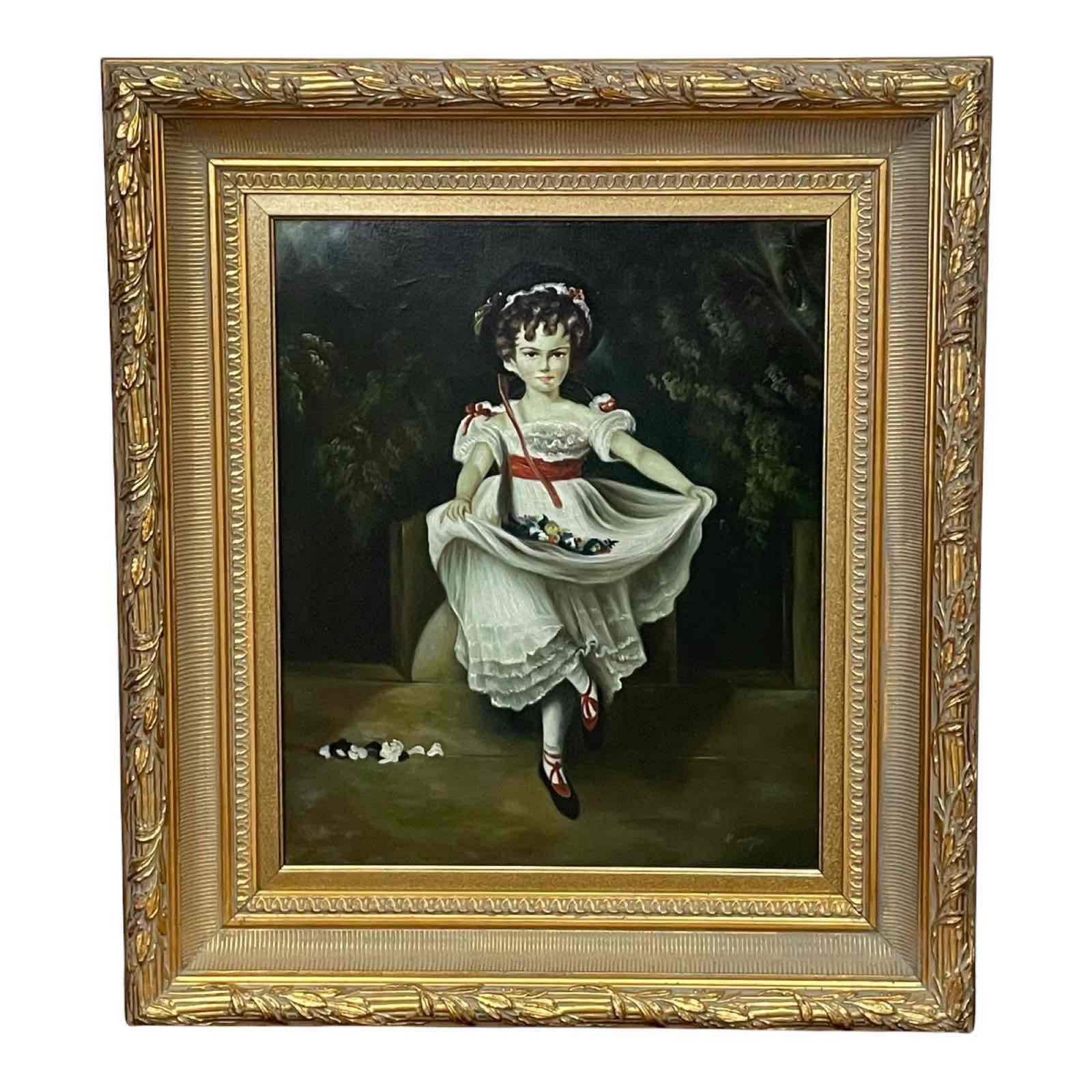 Signed Oil Painting on Canvas Portrait of a Girl: A Regency-style full-length portrait of a girl holding flowers gathered in her skirt, signed R. Mills LR. Oil on canvas, c. 20th century. Spiderweb craquelure, possibly reglazed. See photos for detail