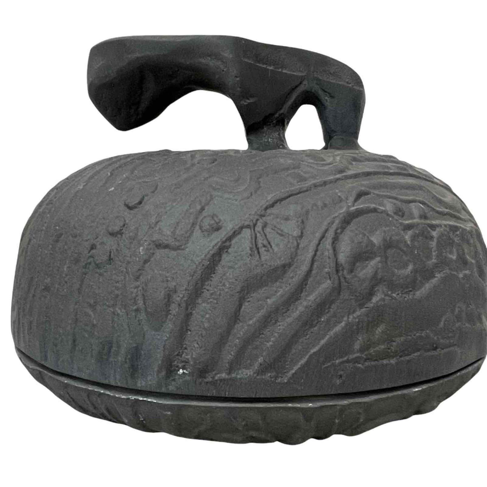 Early Don Drumm Covered Dish: A Brutalist covered serving dish from Don Drumm's earliest experimental work with matte charcoal-grey finish, c. late 1960s/early 1970s. Signed on base "Drumm". Approximate dimensions: 7" h. x 9 1/2"