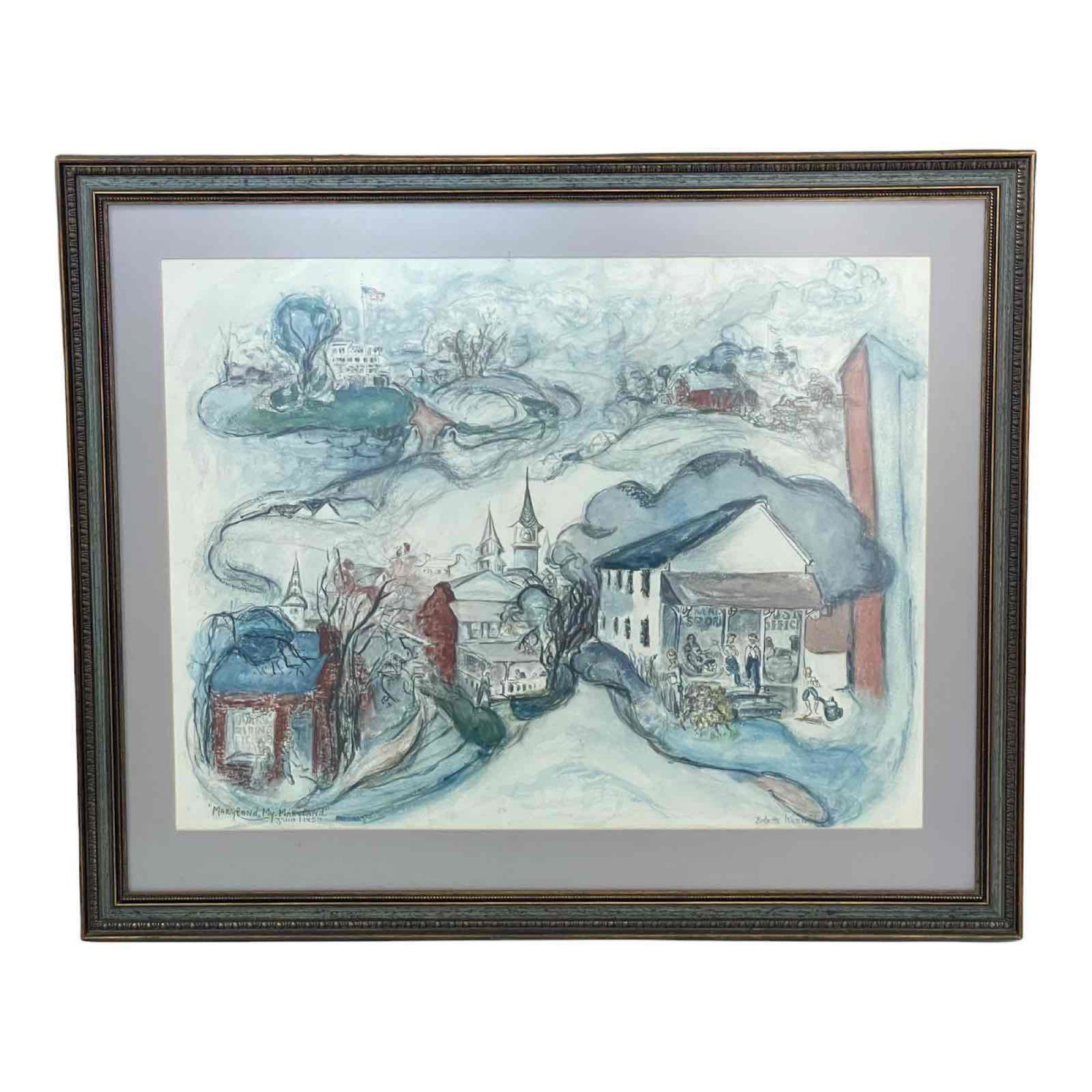 "Maryland, my Maryland" Watercolour: Artist signed LR "Babette Korn----" titled and dated LL "Maryland, my Maryland / June 1953". Watercolor on paper. This whirling abstract townscape depicts various buildings and figures appearing to fl
