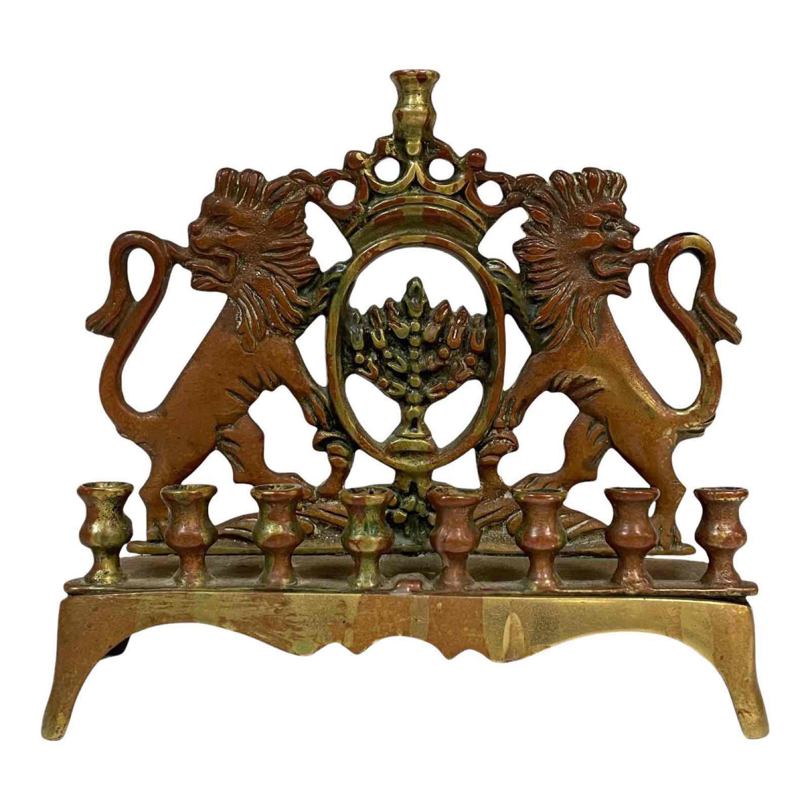 Brass Hanukah Menorah with Coat of Arms: Ornate cast Hanukah Menorah with coat of arms. Approx 6" tall. Good age appropriate condition as shown, see photos