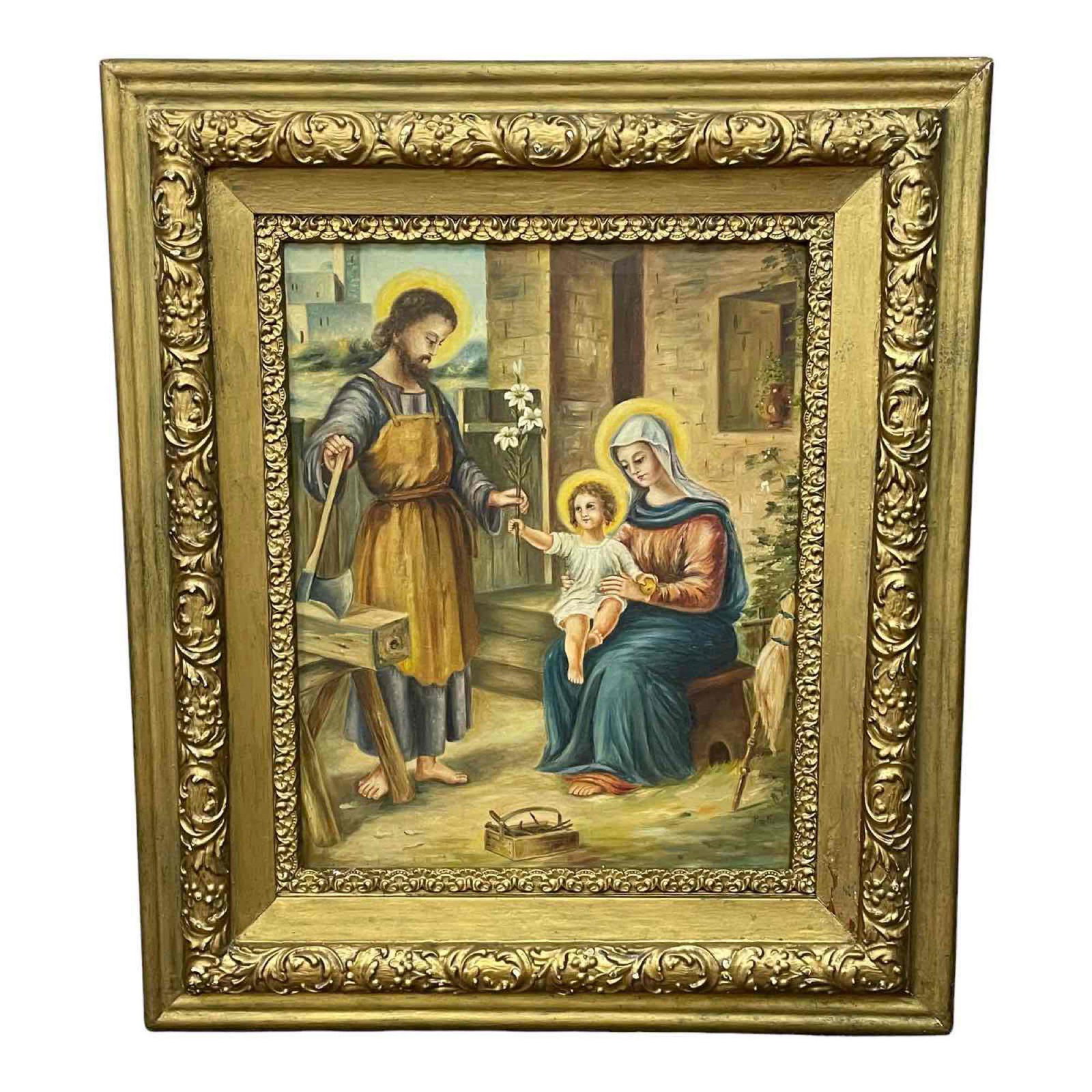 Vintage Religious Painting: Jesus, Mary, and Joseph in an outdoor workshop holding a lily branch. Oil on canvas. Artist signed LR "P. de M." Approximate dimensions: Sight size: 19 1/2" h. x 15 1/2" w. Frame: 30" h. x 26" w.