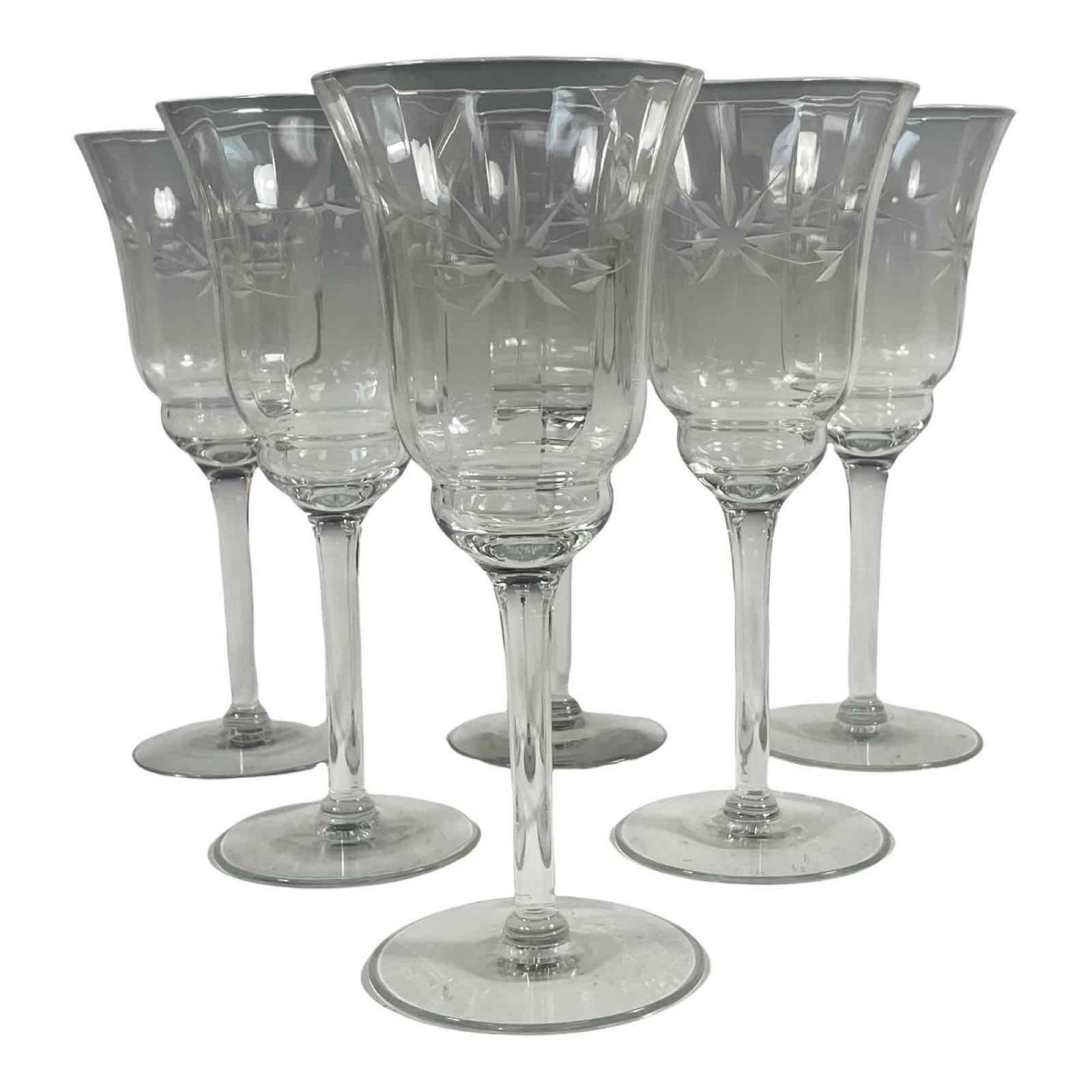 Set of Six (6) Vintage Wine Glasses: Six cut body wine stems with clear glass pedestal stems as show. Approx 8" tall, see photos