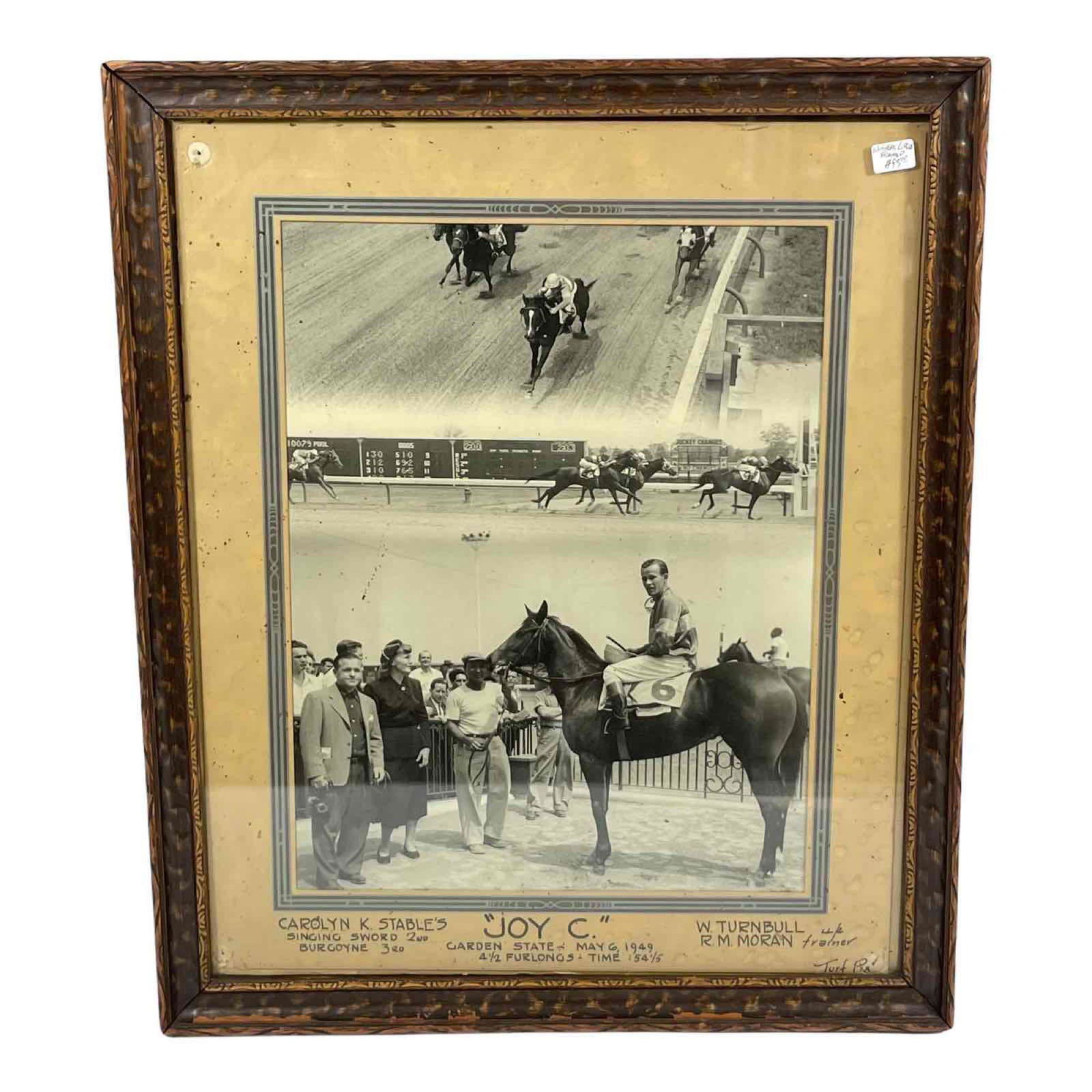 1949 Garden City Winner Circle Horse Photo: A Garden City horse racing winners Circle feature JOY C as shown in May of 1949 and set in antique frame, see photos for details. Approx dimensions of frame 18 1/2" h. x 15 1/2" w.
