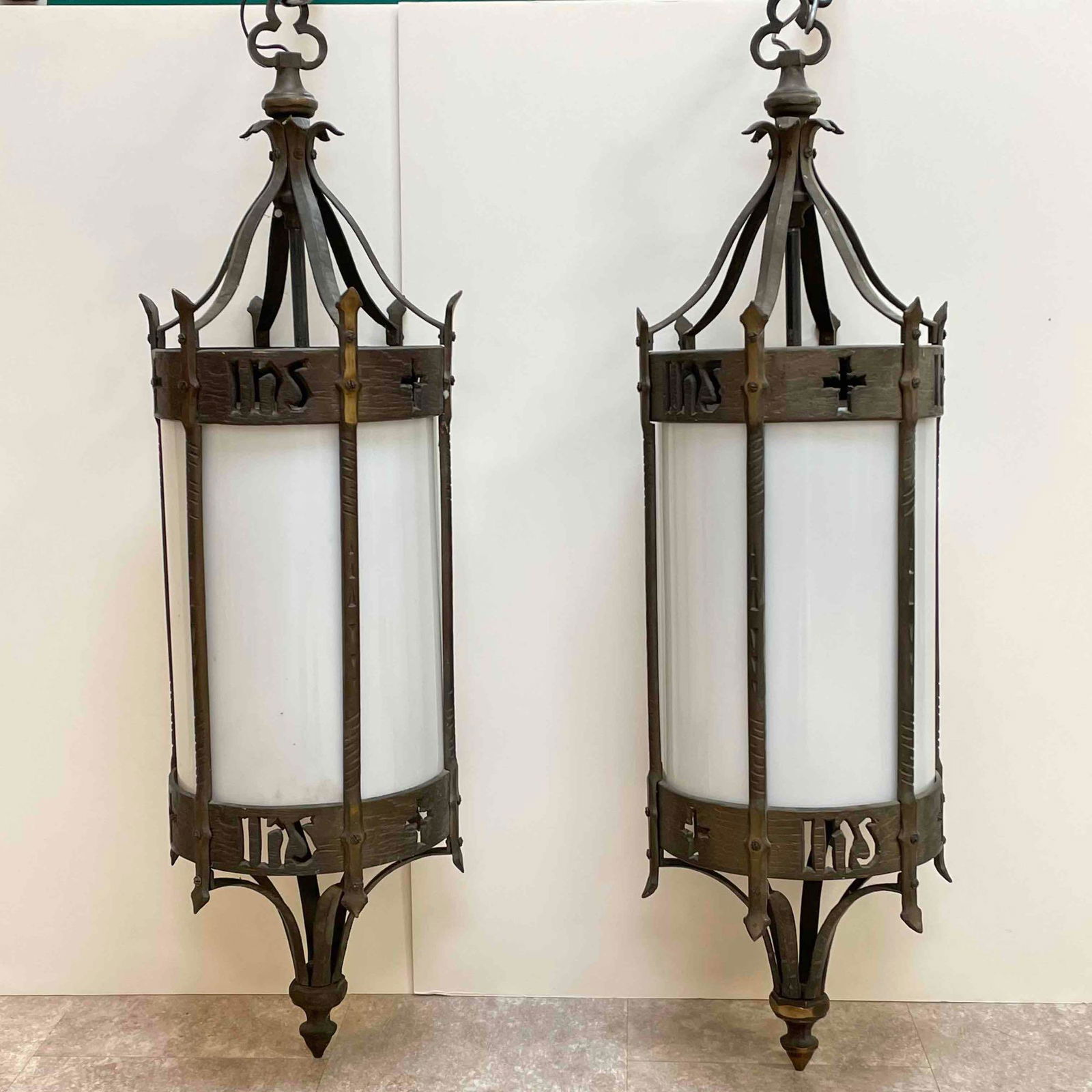 Grand Pair of Forged Bronze Gothic Revival Hanging Fixtures (1 of 16)