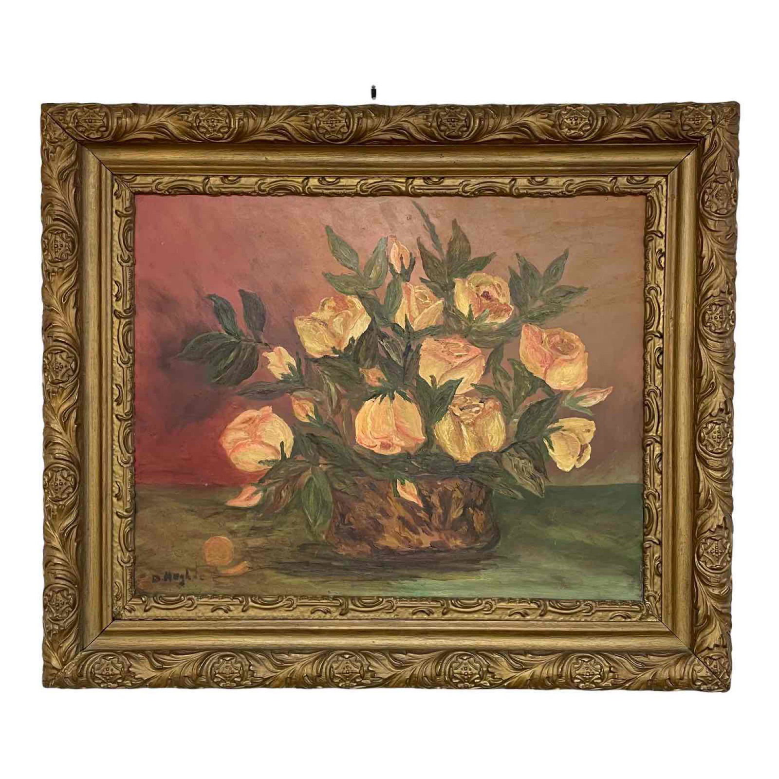 Hungarian Floral Still Life: An attractive Artist-signed Floral still life depicting a basket full of roses. Oil on canvas, Hungarian school, c. early-to-mid 20th century. Good vintage condition with typical signs of age and use,